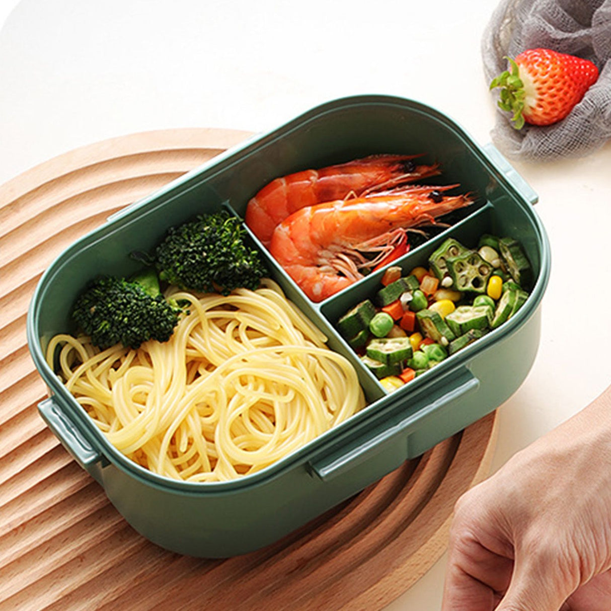 1200ml Bento Lunch Box Double Layer Insulation Lunch Box Container with Fork Spoon for Students Office Workers Green