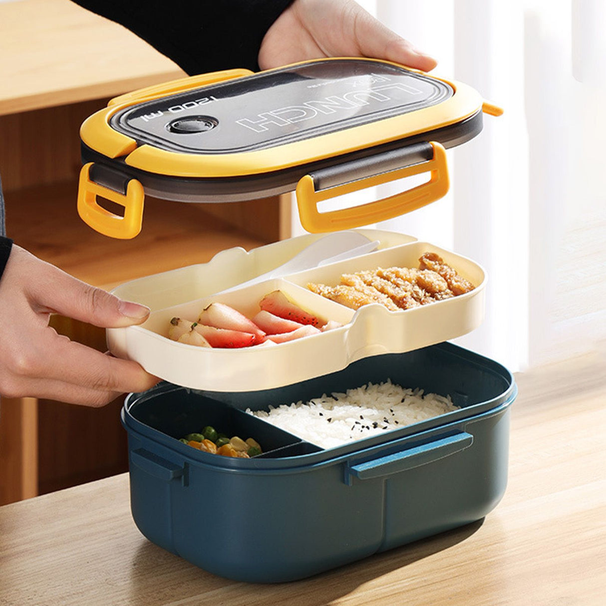 1200ml Bento Lunch Box Double Layer Insulation Lunch Box Container with Fork Spoon for Students Office Workers Blue