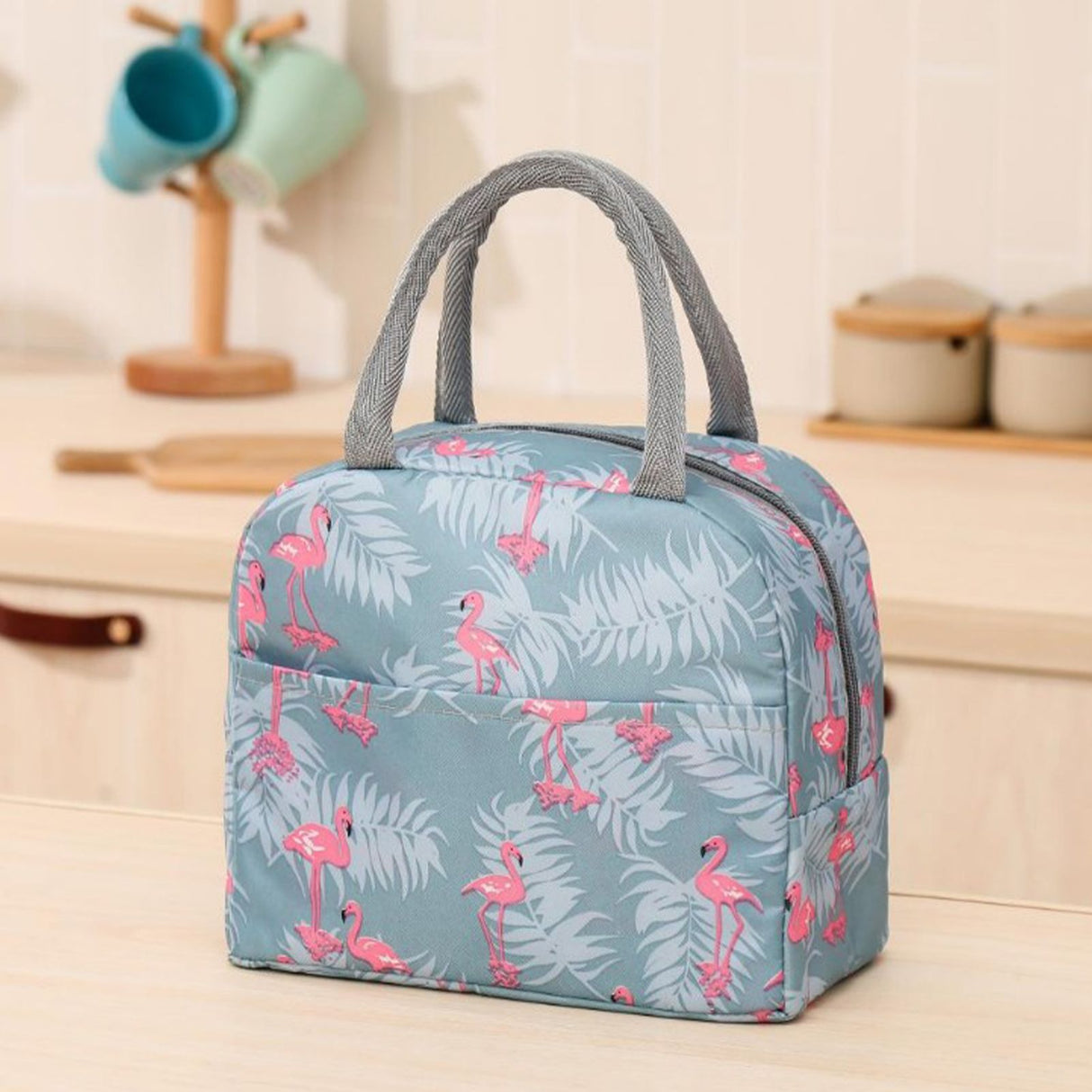 Insulated Lunch Bag Large Capacity Flamingo Pattern Portable Thickened Zipper Lunch Bag for School Work Gray Flamingo