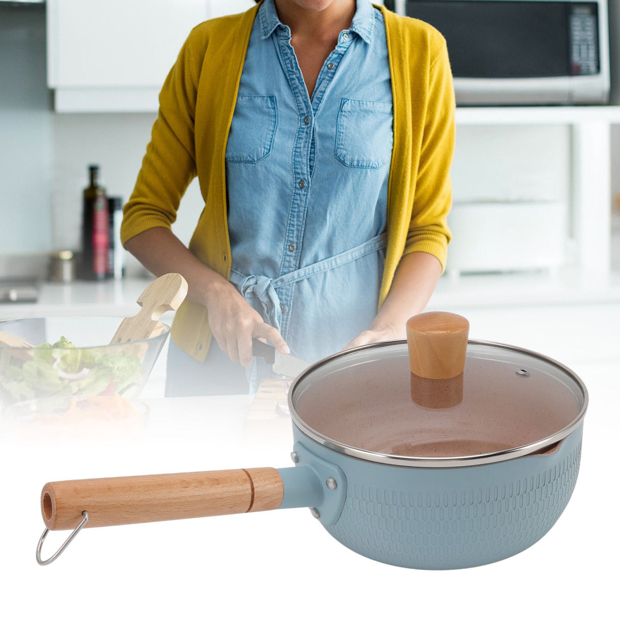 Sauce Pan Stick Proof Aluminum Alloy Multi Functional Milk Pot with Wooden Handle for Induction Gas Stove Blue