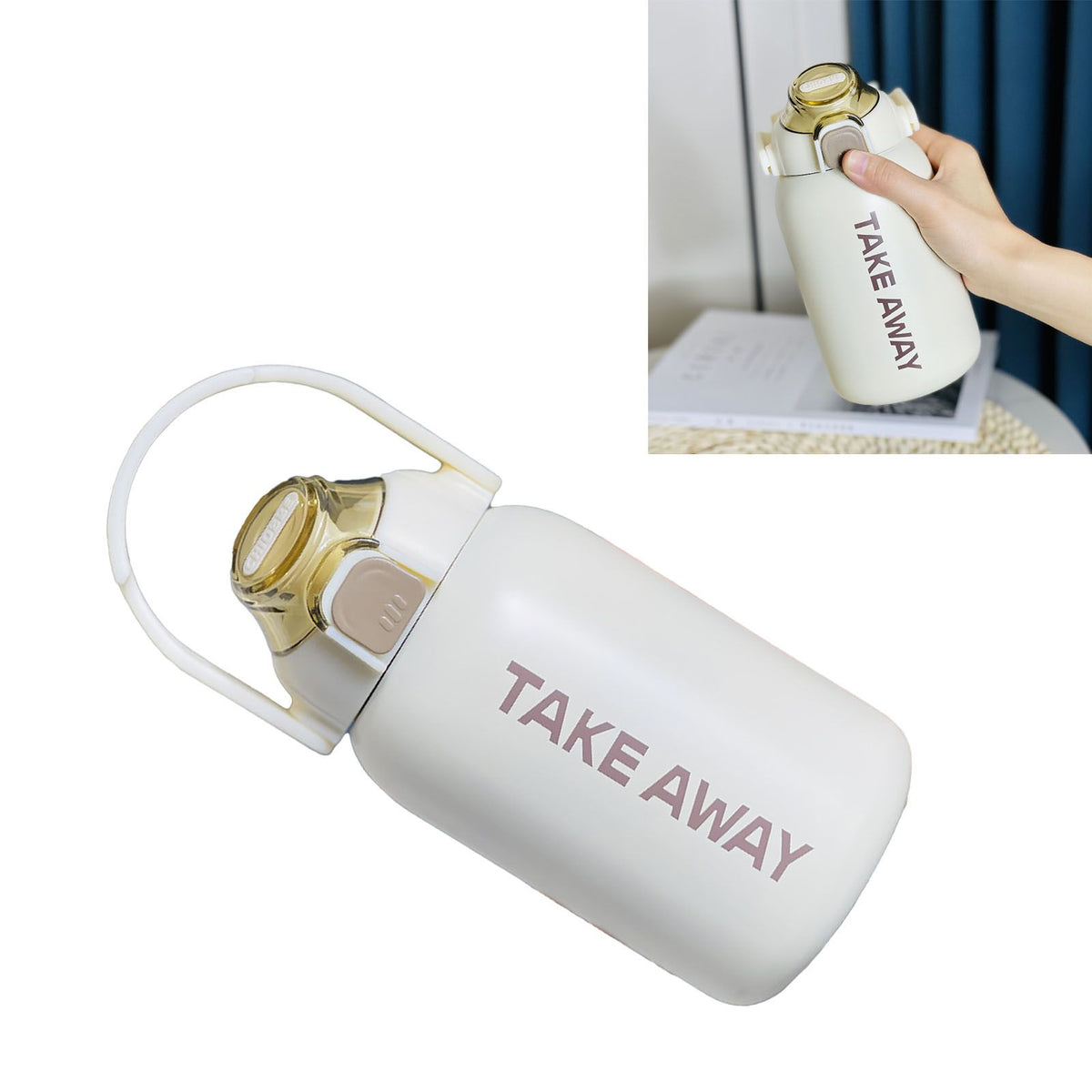 850ml Insulated Water Bottle Large Capacity with Bounce Cap Straw Winter Insulated Cup for Outdoor Beige