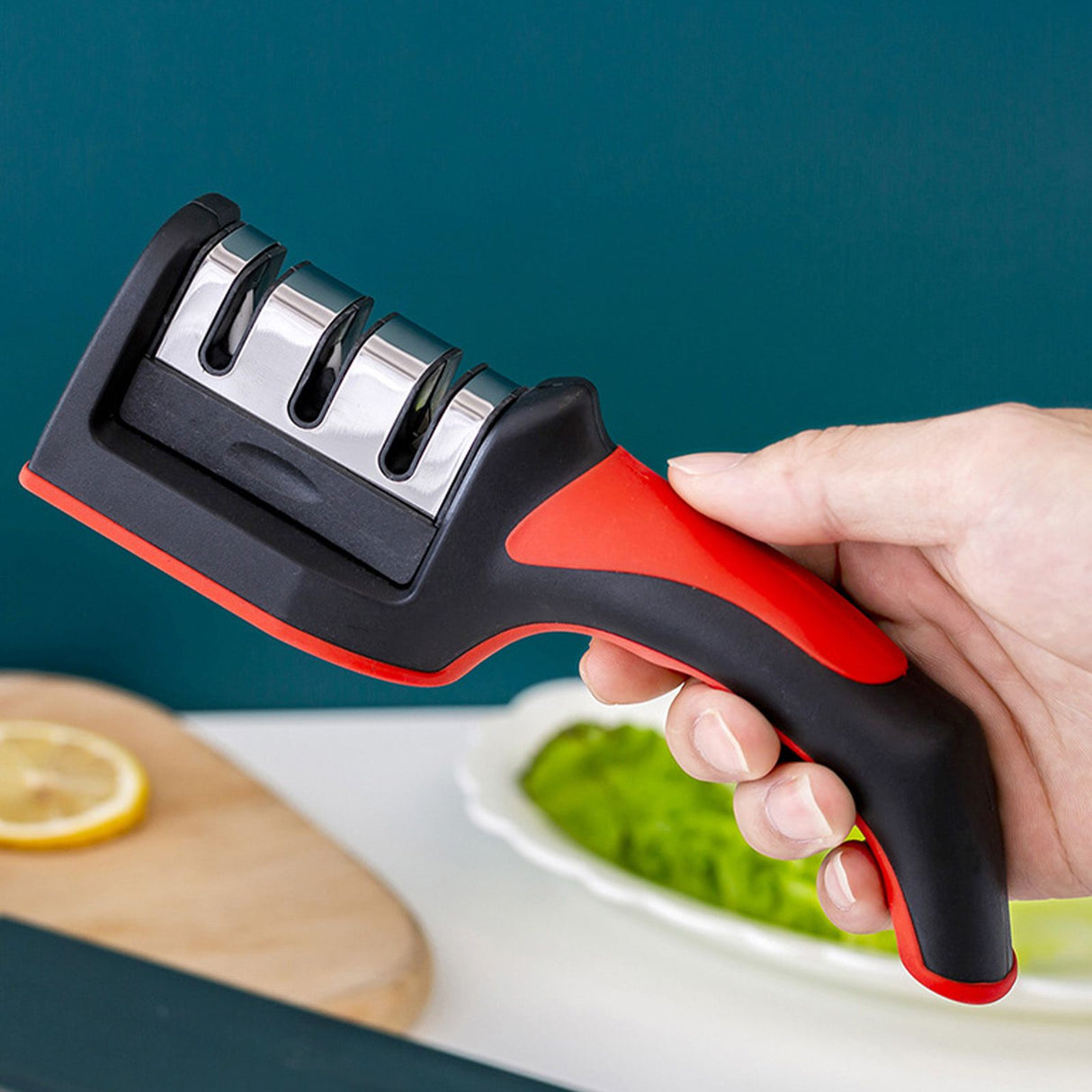 Handheld Knife Sharpening Tool 3 Segments Red and Black Multipurpose Knife Sharpener for Kitchen