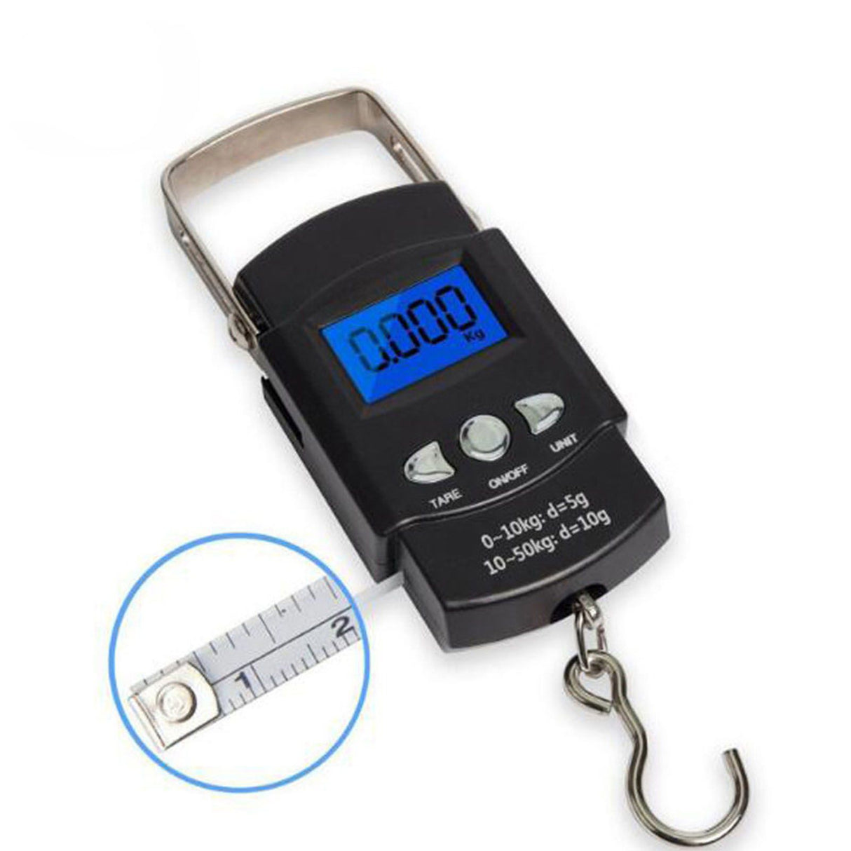 Fishing Scale Portable Compact Clear Display ABS Stainless Steel Convenient Practical Luggage Scale for Outdoor Indoor English (with Tape Measure) 50KG/10G