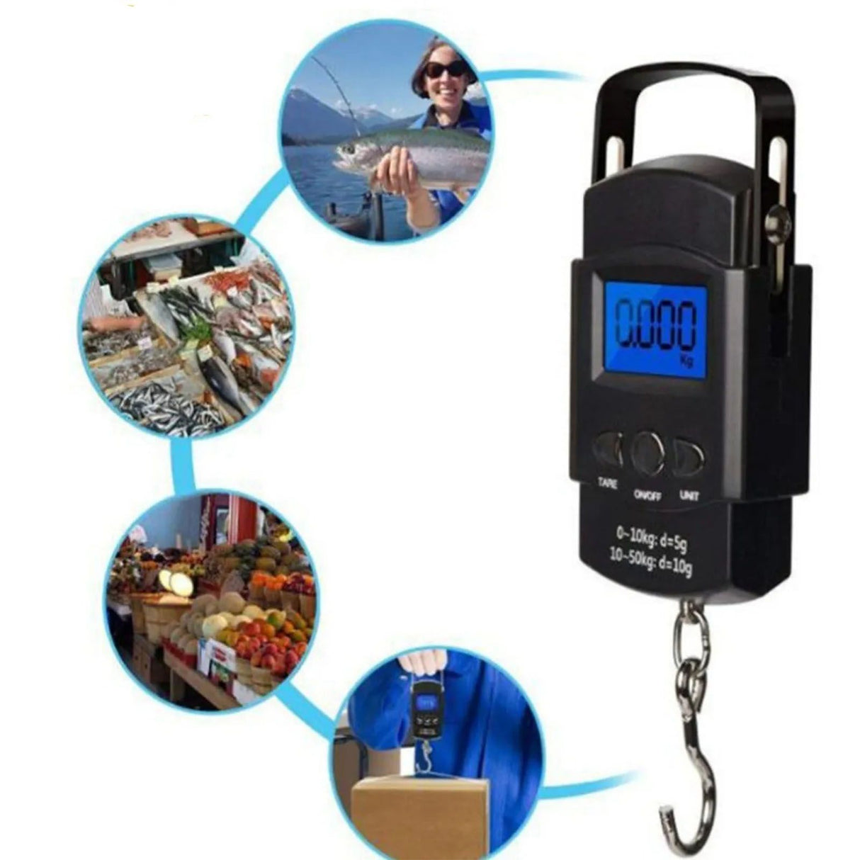 Fishing Scale Portable Compact Clear Display ABS Stainless Steel Convenient Practical Luggage Scale for Outdoor Indoor English (with Tape Measure) 50KG/10G