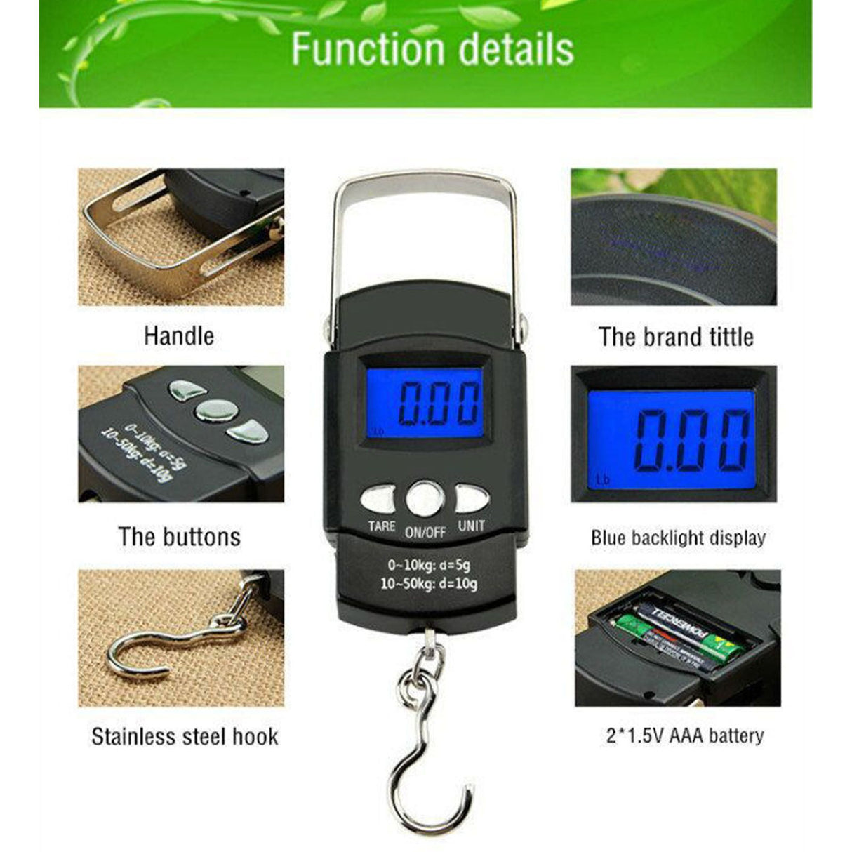 Fishing Scale Portable Compact Clear Display ABS Stainless Steel Convenient Practical Luggage Scale for Outdoor Indoor English (with Tape Measure) 50KG/10G