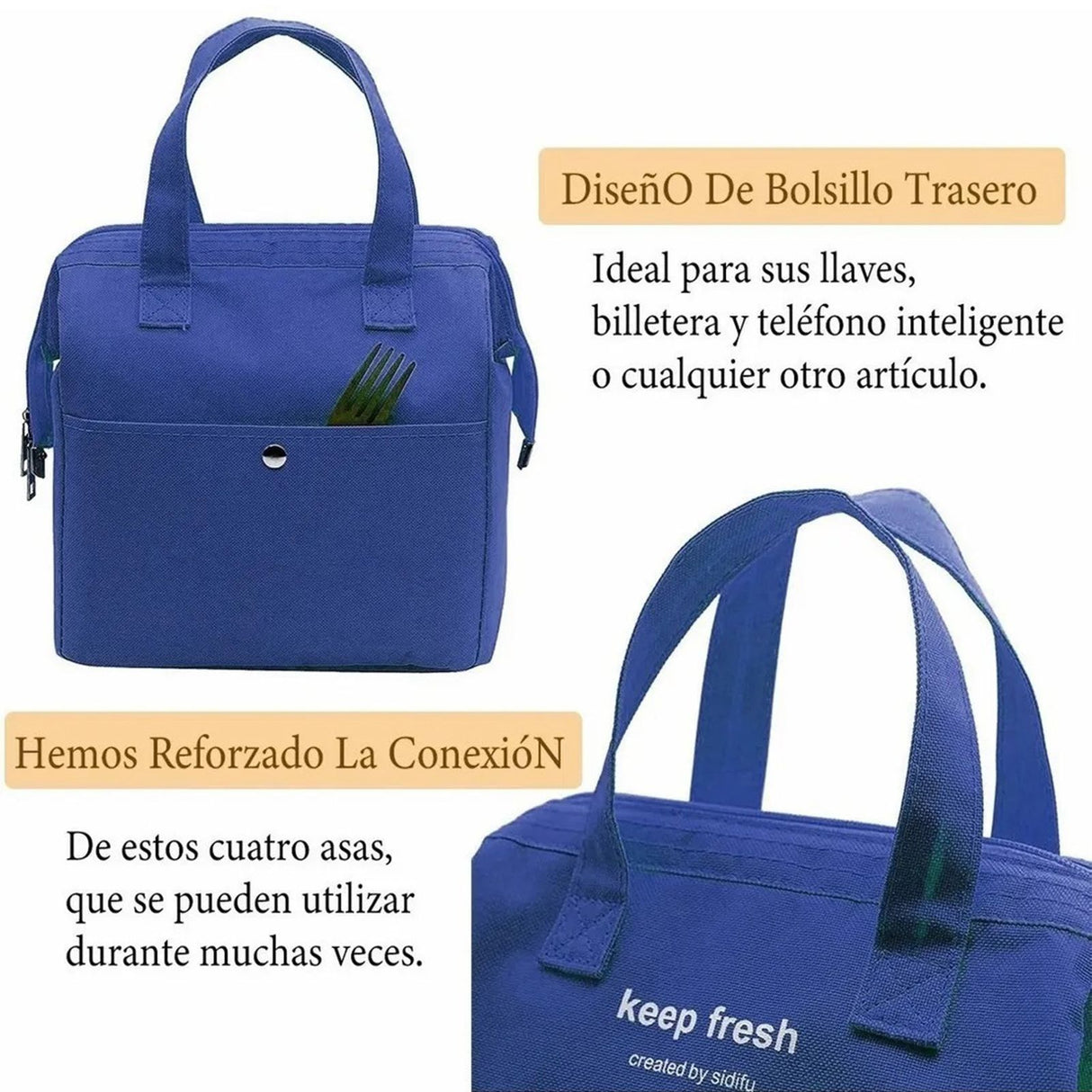 Insulated Lunch Bag Solid Color Oxford Cloth Waterproof Metal Zipper Portable Lunchbox for Commuting Royalblue