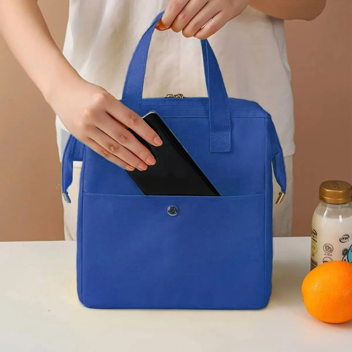 Insulated Lunch Bag Solid Color Oxford Cloth Waterproof Metal Zipper Portable Lunchbox for Commuting Royalblue