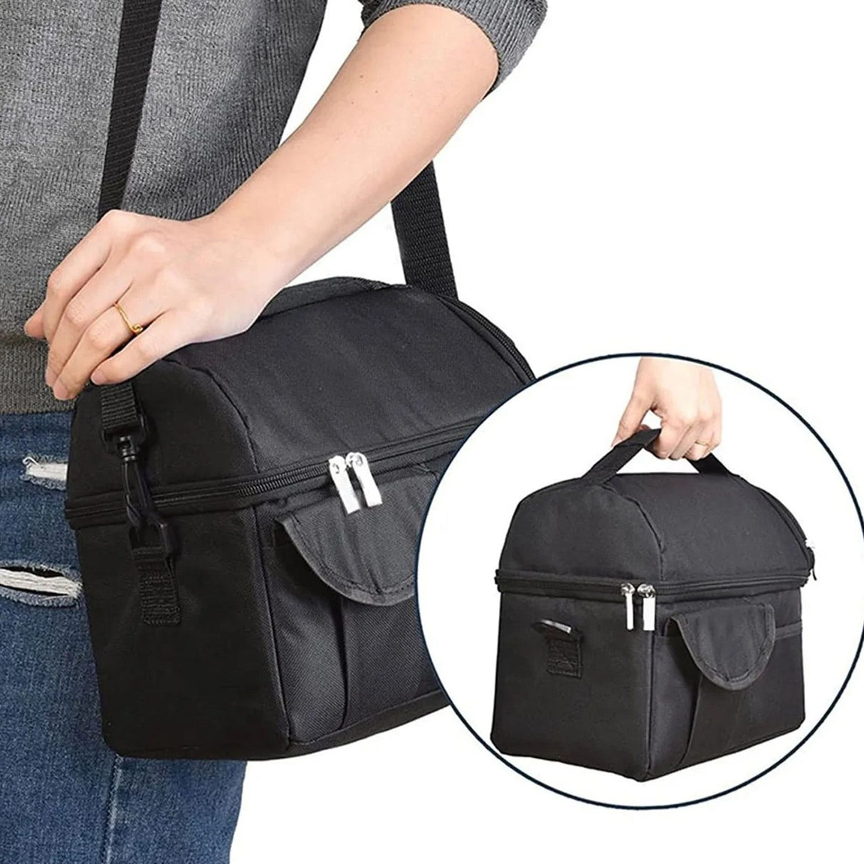 Cooler Bags Insulated Double Layer Large Capacity Oxford Cloth Washable Foldable Heat Insulation Lunch Bag for Office Black