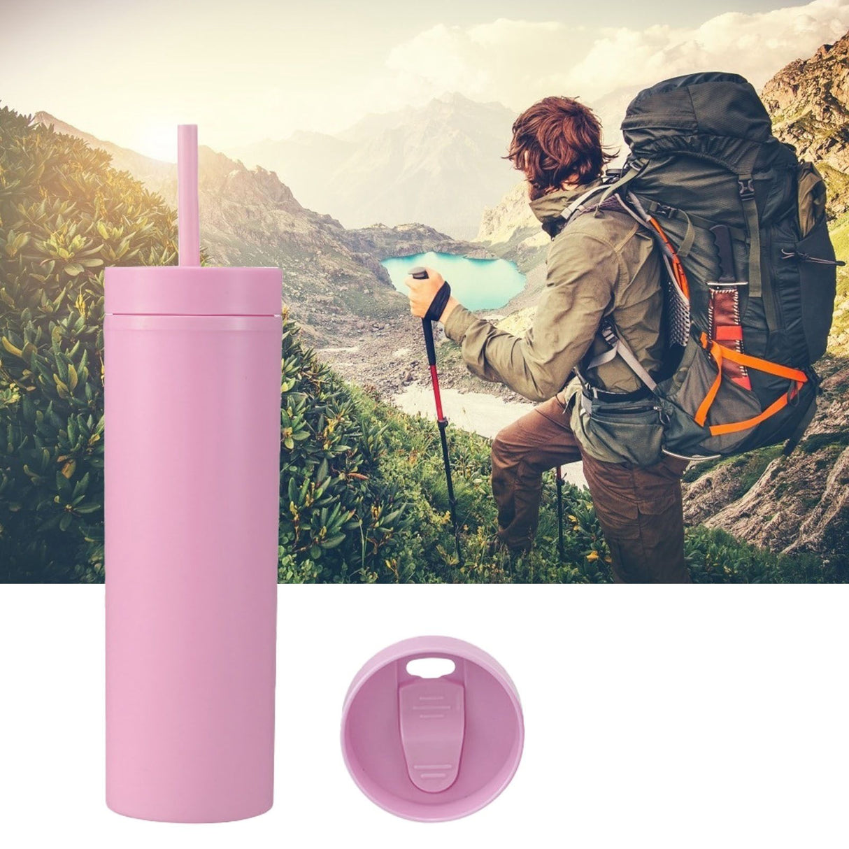 16oz Plastic Tumblers with Lids and Straws Frosting Matte Plastic Drinking Cups for Outdoor Sports 1767 Pink