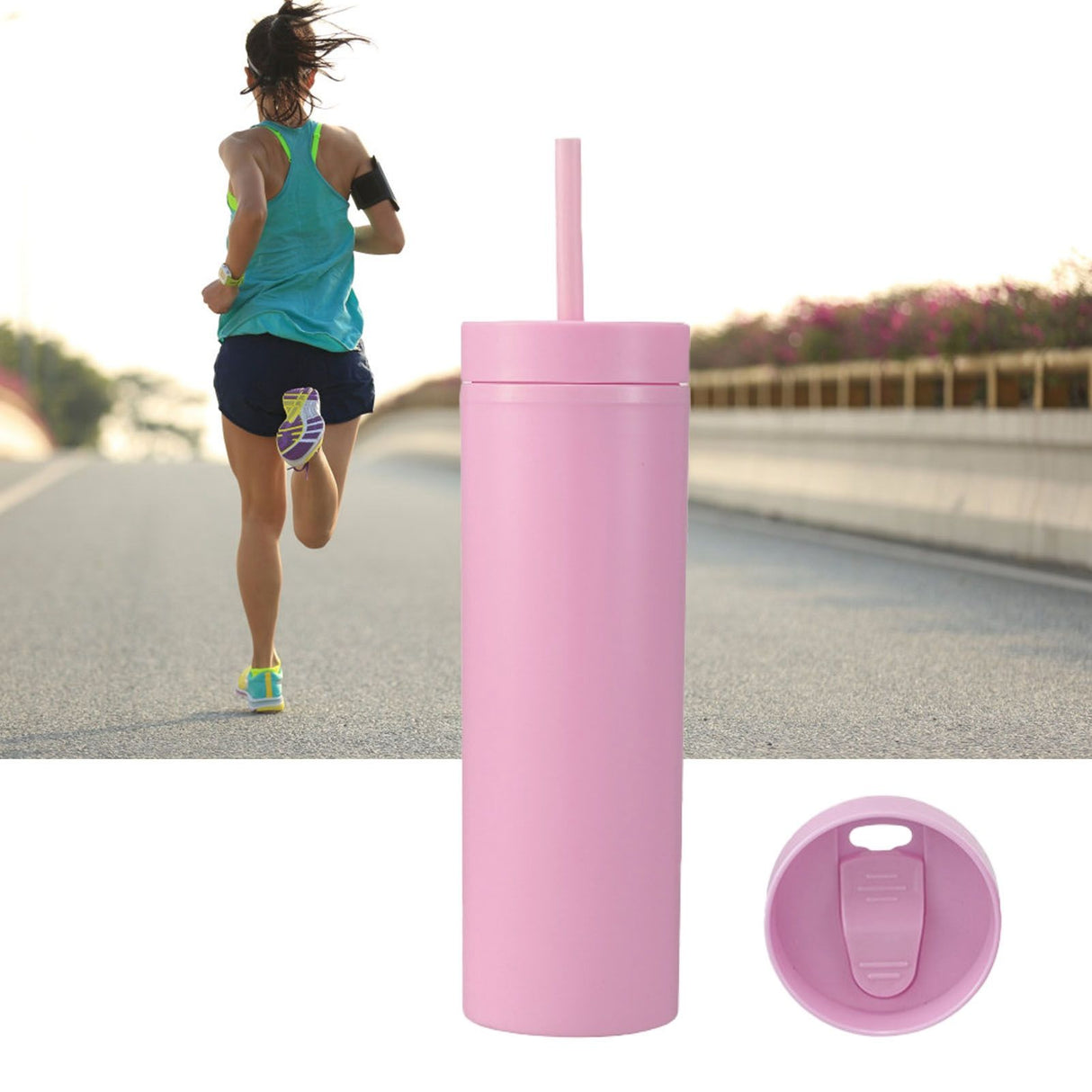16oz Plastic Tumblers with Lids and Straws Frosting Matte Plastic Drinking Cups for Outdoor Sports 1767 Pink