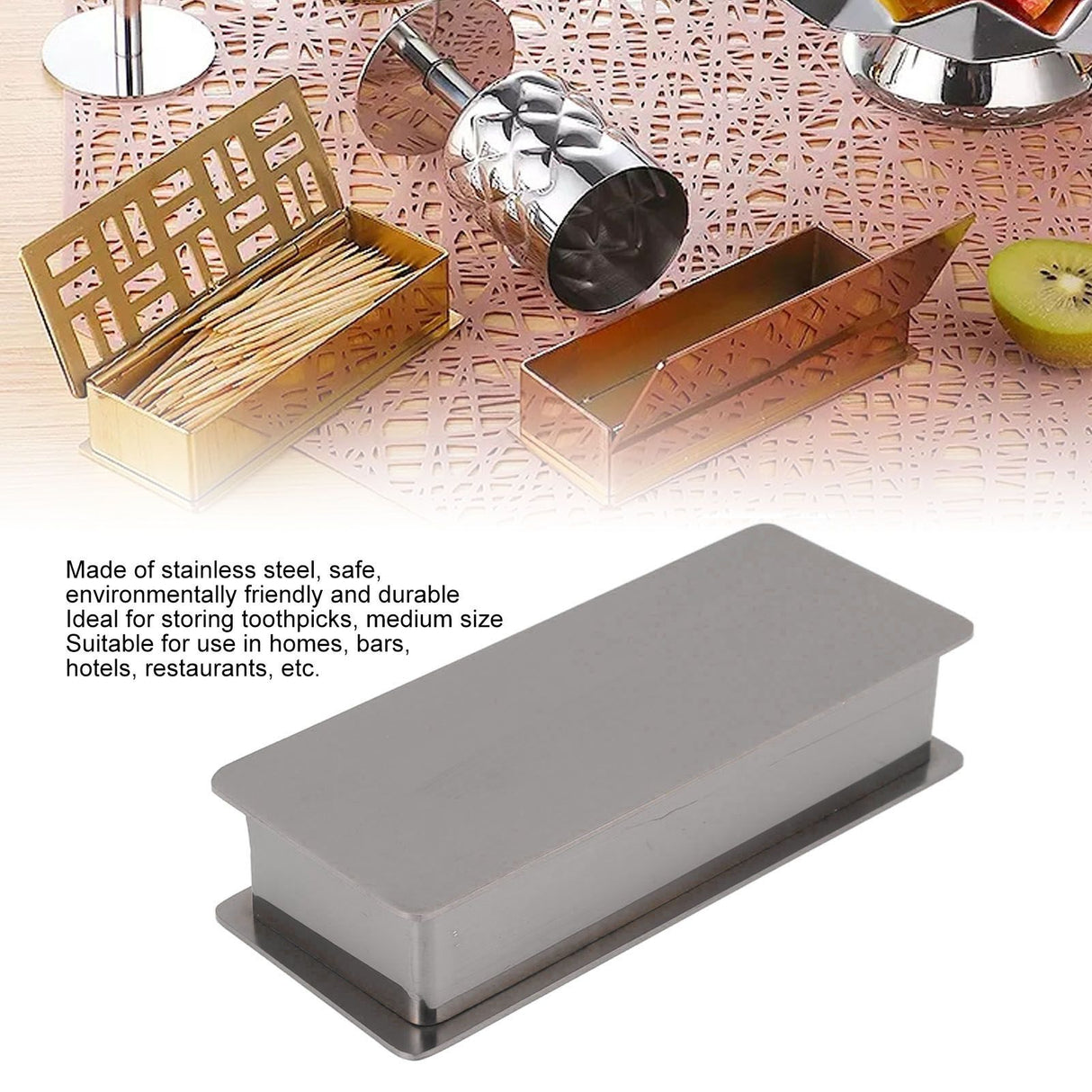 Toothpick Holder Stainless Steel Rectangular Toothpick Holder with Lid for Home Bar Hotel Restaurant Silver