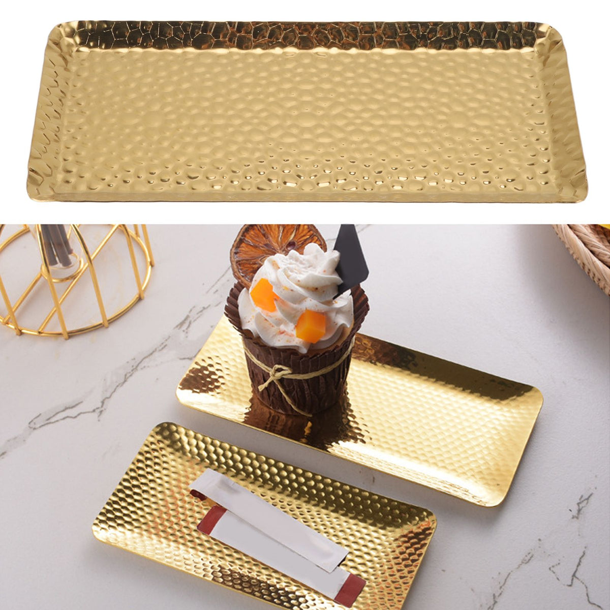 25x11cm Towel Hammered Trays Stainless Steel Multi Purpose Dishwasher Safe Dessert Tray Plate for Home Restaurant Gold