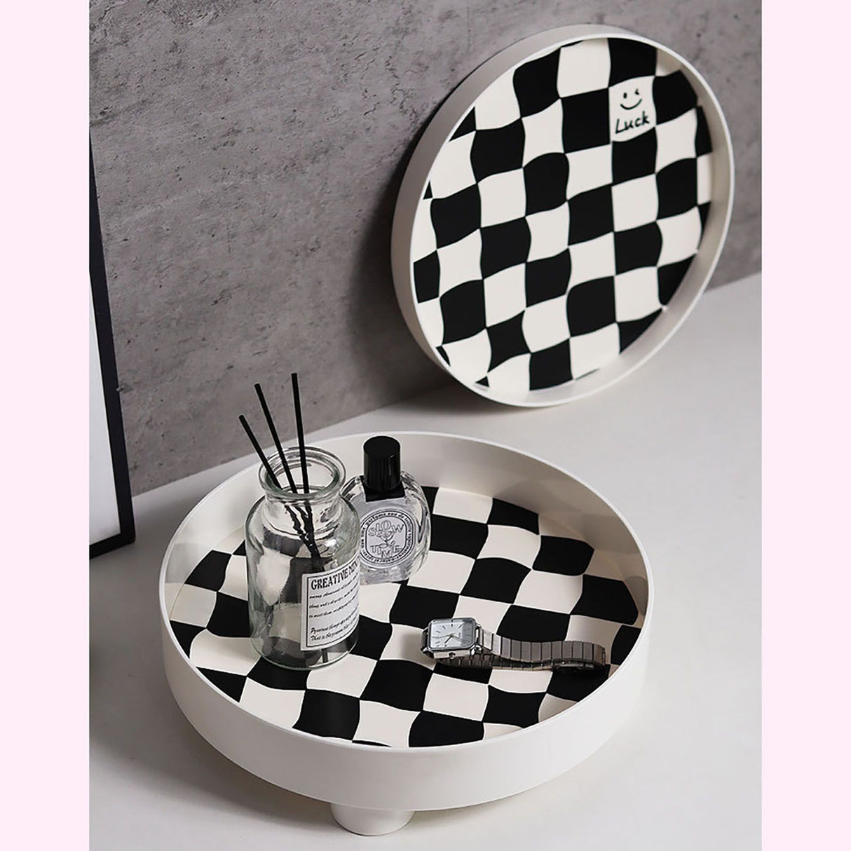 Round Storage Organizer Tray Checkerboard Design Plate Container Tray for Fruit Perfume Jewelry White, Large