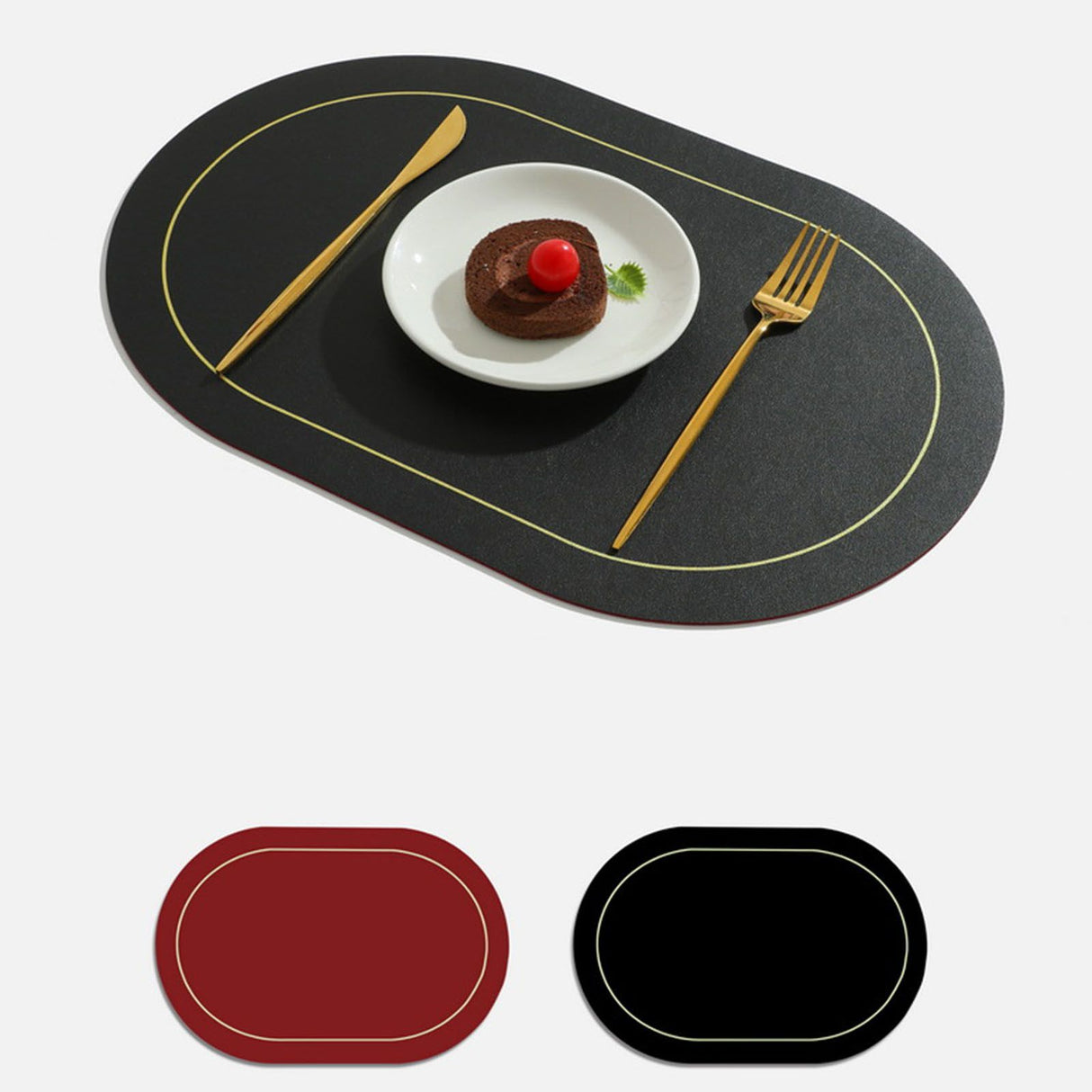 2Pcs Leather Oval Dining Food Mat Oil Proof Insulation Restaurant Table Home Hotel Non Slip Bowl Pad Placemat Black