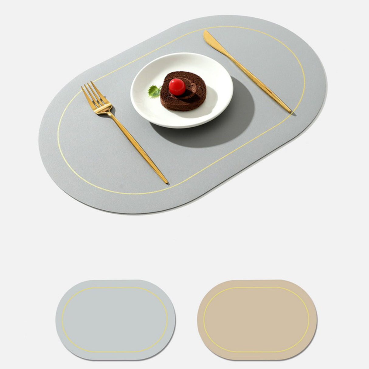 2Pcs Leather Oval Dining Food Mat Oil Proof Insulation Restaurant Table Home Hotel Non Slip Bowl Pad Placemat Light Gray