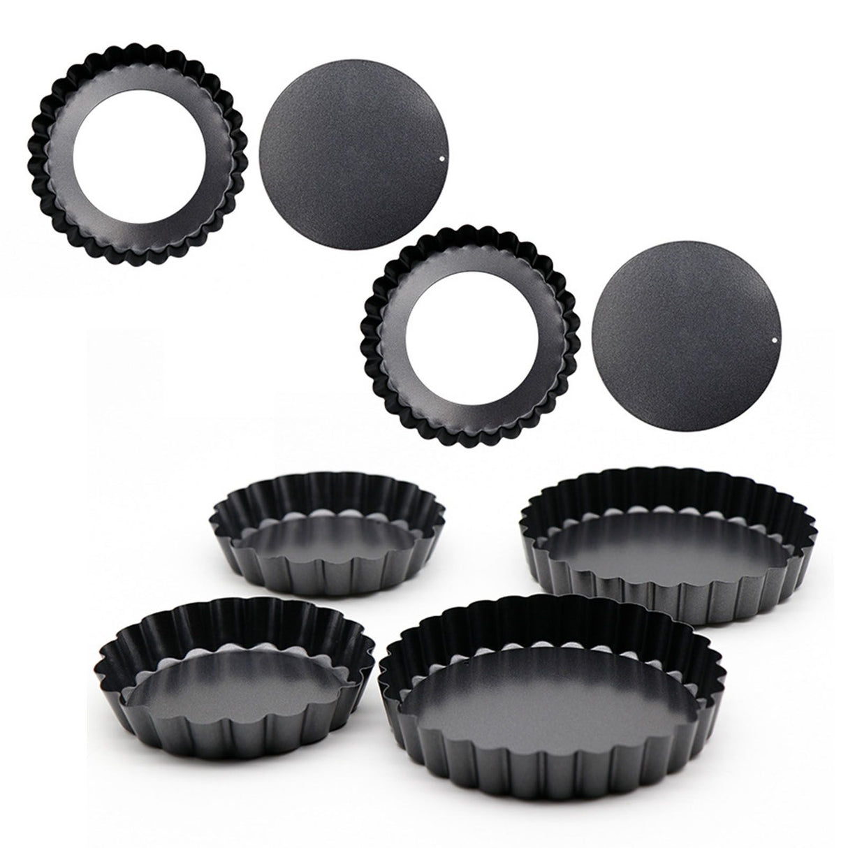 6PCS Removable Bottom Tart Pan Non Stick Coating Carbon Steel Black Quiche Pan for Kitchen