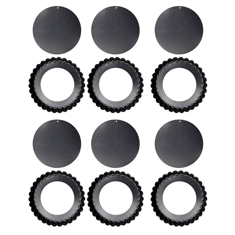 6PCS Removable Bottom Tart Pan Non Stick Coating Carbon Steel Black Quiche Pan for Kitchen