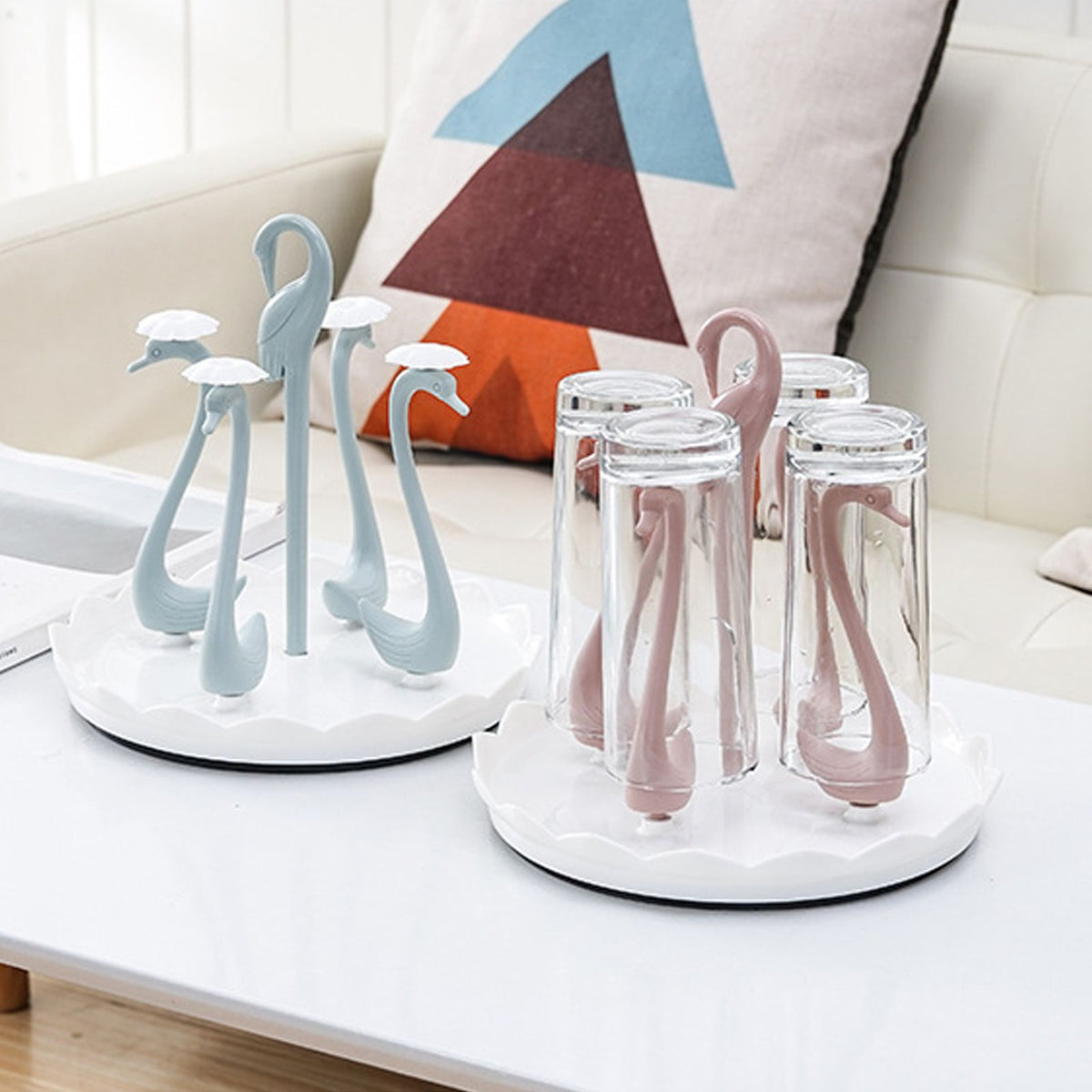 Swan Cup Holder with Rotating Drip Tray Plastic Rotatable Drinking Cup Drainer Stand Rack for Home Kitchen Blue 4 Heads