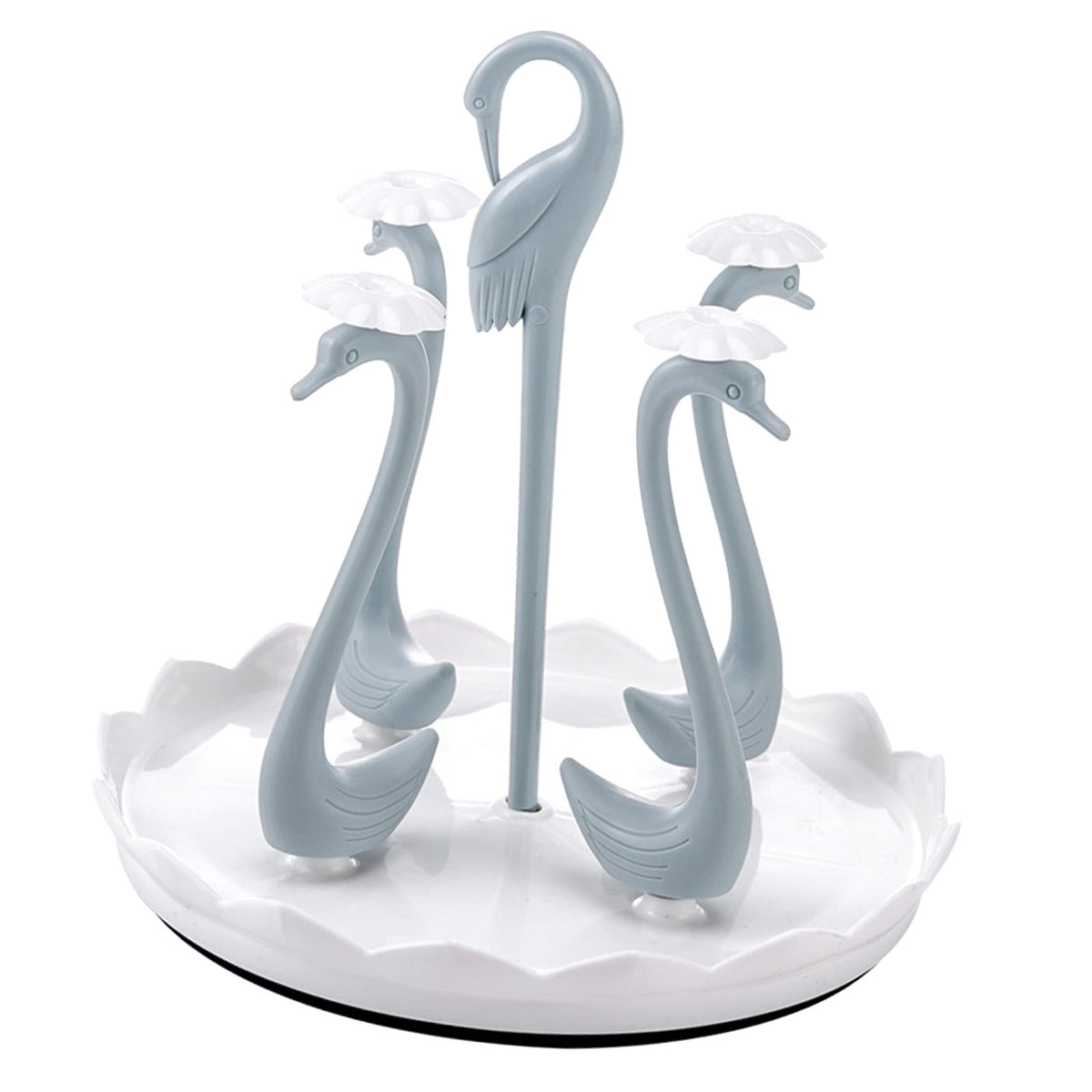 Swan Cup Holder with Rotating Drip Tray Plastic Rotatable Drinking Cup Drainer Stand Rack for Home Kitchen Blue 4 Heads