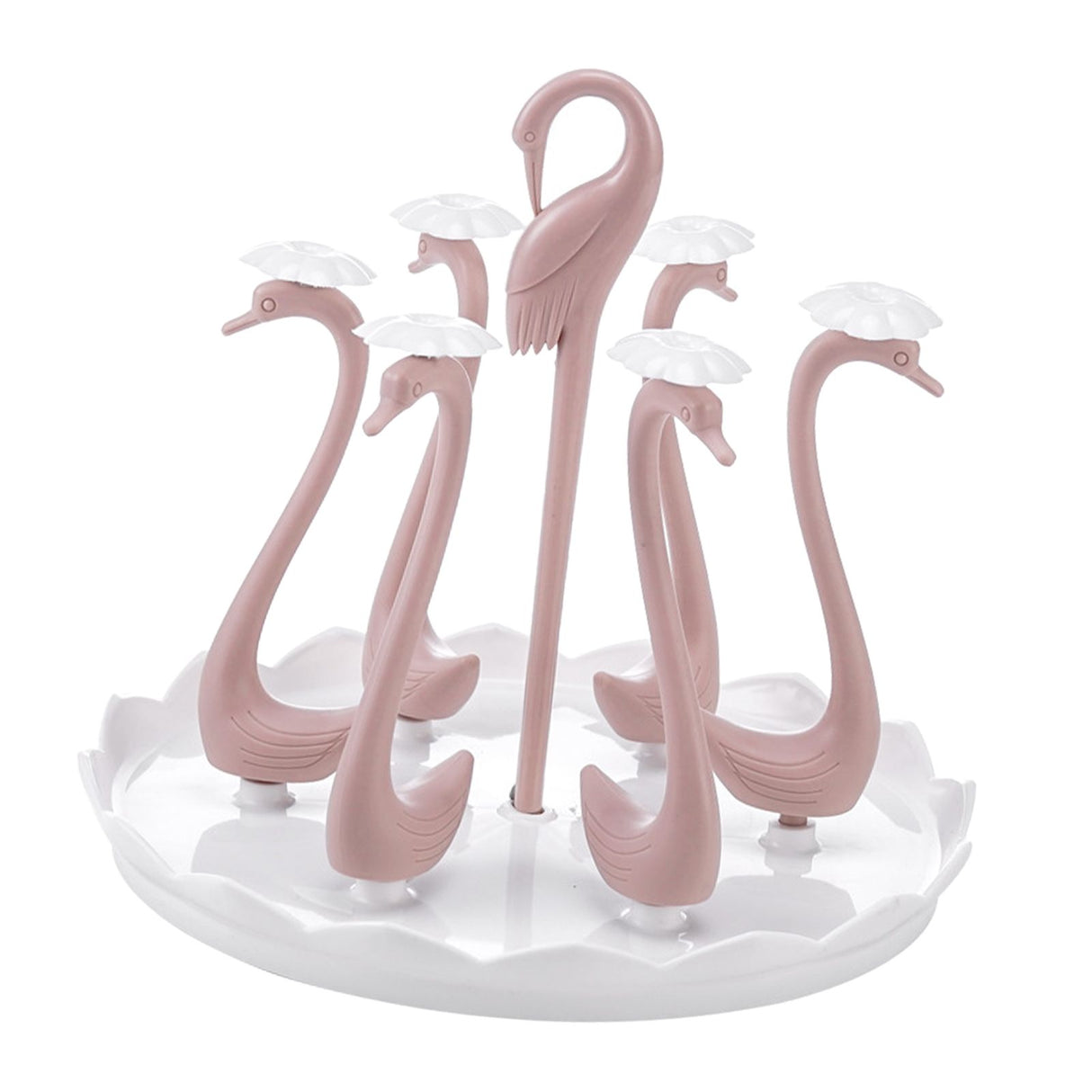 Swan Cup Holder with Rotating Drip Tray Plastic Rotatable Drinking Cup Drainer Stand Rack for Home Kitchen Pink 6 Heads