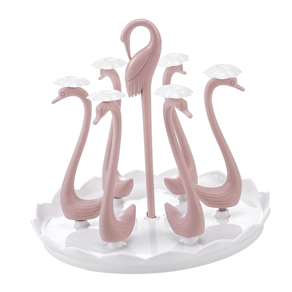 Swan Cup Holder with Rotating Drip Tray Plastic Rotatable Drinking Cup Drainer Stand Rack for Home Kitchen Pink 6 Heads