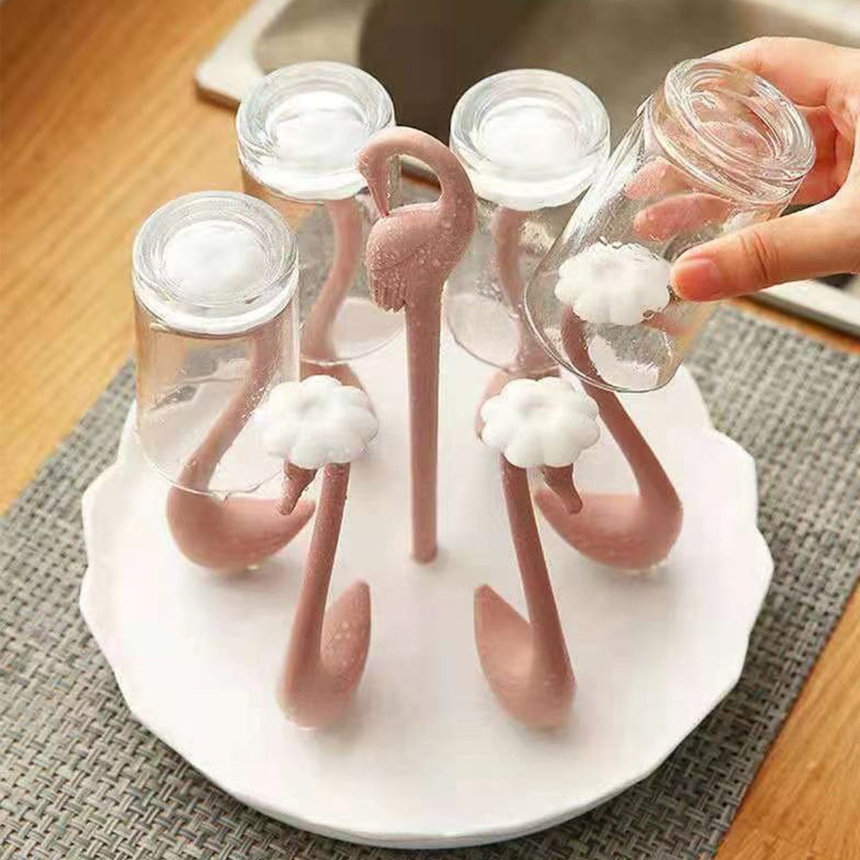 Swan Cup Holder with Rotating Drip Tray Plastic Rotatable Drinking Cup Drainer Stand Rack for Home Kitchen Pink 6 Heads