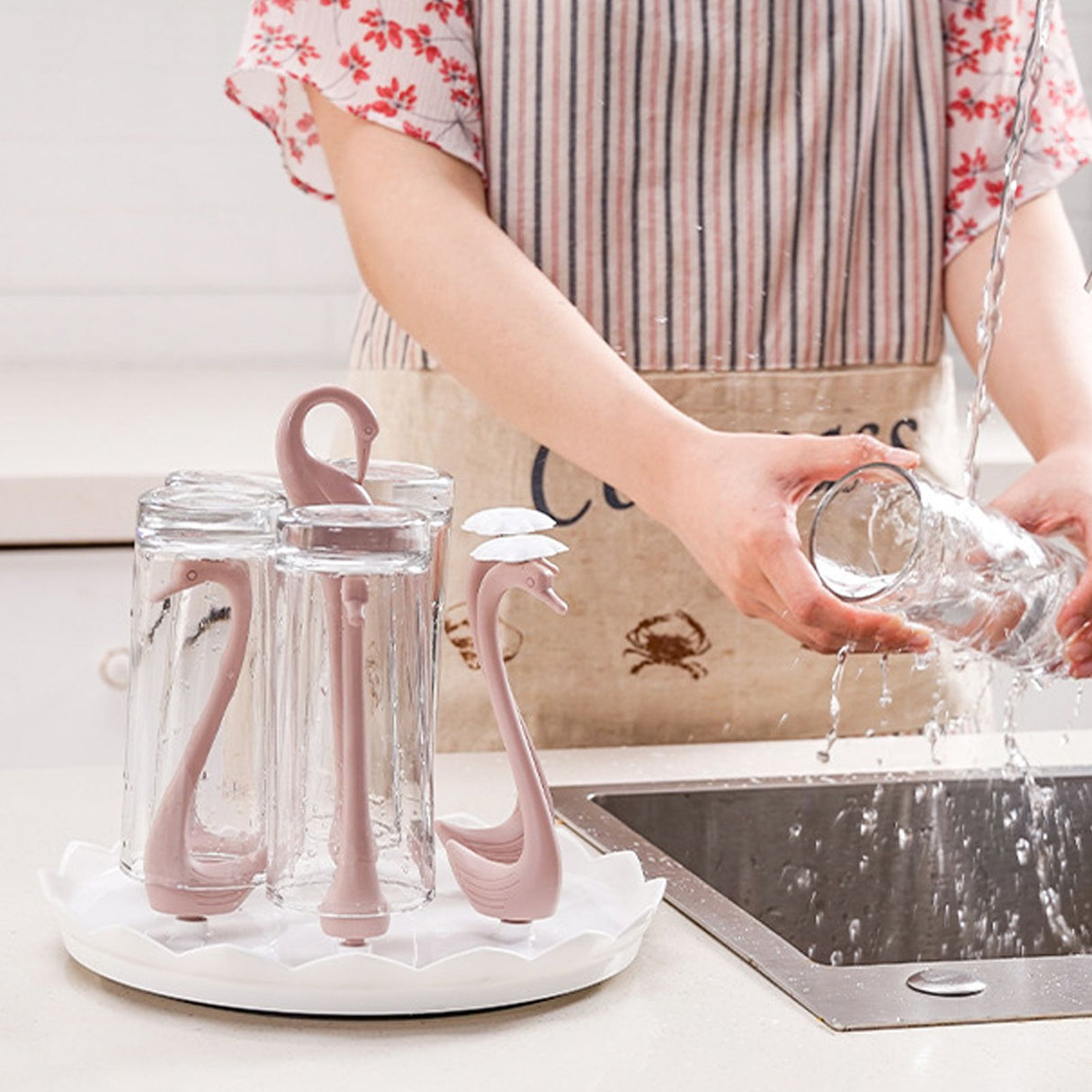 Swan Cup Holder with Rotating Drip Tray Plastic Rotatable Drinking Cup Drainer Stand Rack for Home Kitchen Pink 6 Heads