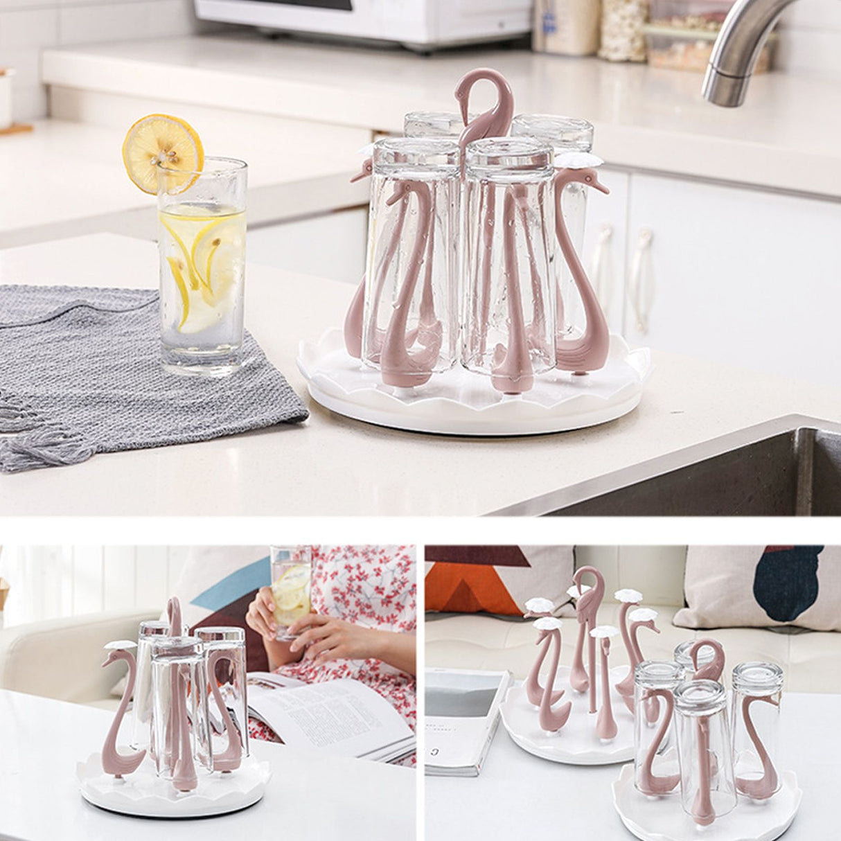 Swan Cup Holder with Rotating Drip Tray Plastic Rotatable Drinking Cup Drainer Stand Rack for Home Kitchen Pink 6 Heads