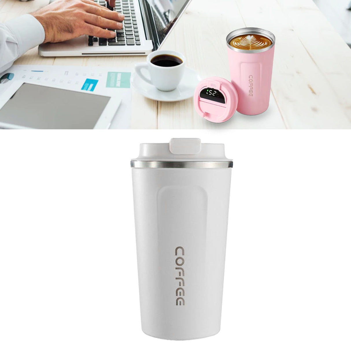 Smart Temperature Display Coffee Cup Portable 304 Stainless Steel Insulation Cup Simple Style Pure Color Generation 2nd White 380ml