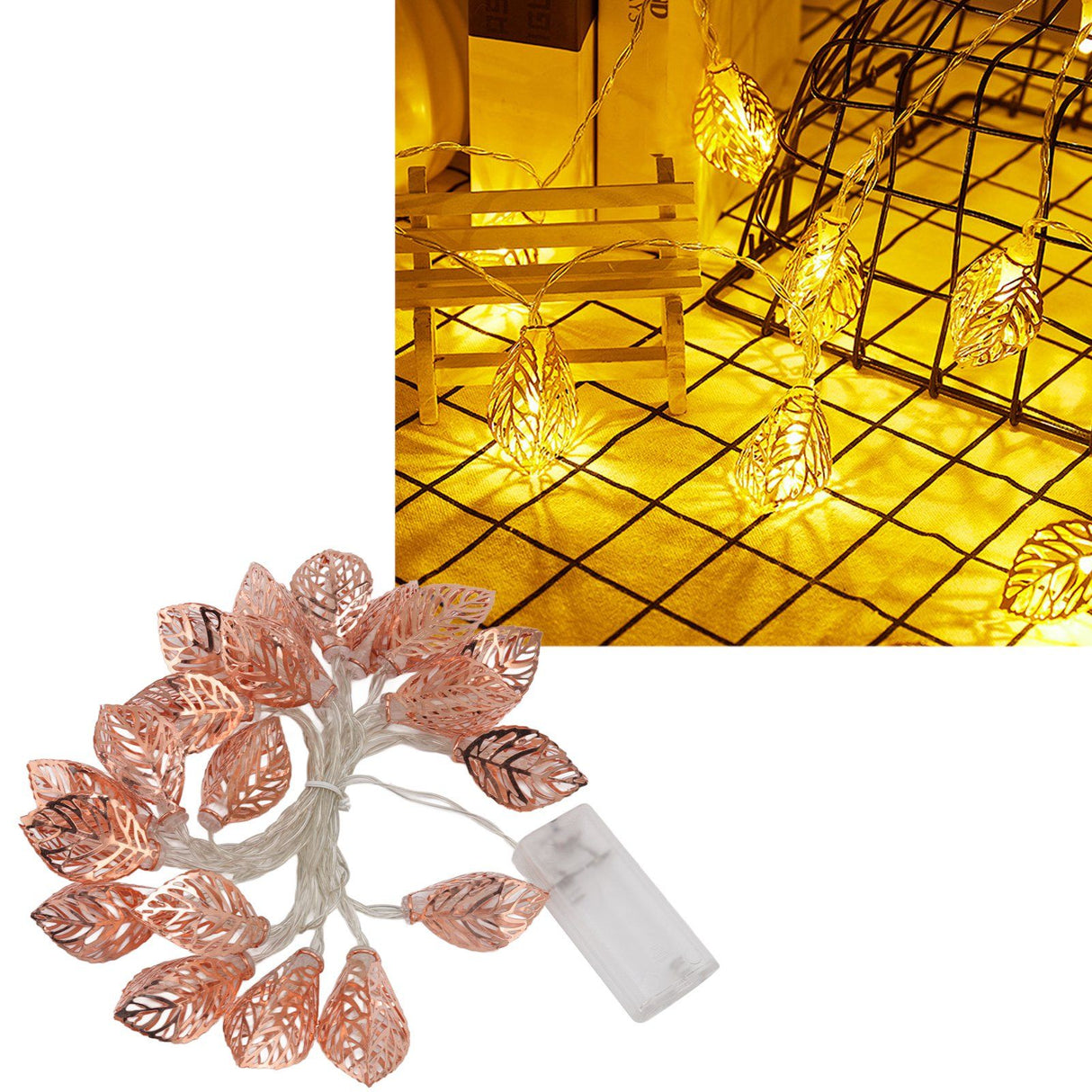 Rose Gold String Lights 20 LEDs Waterproof Battery Powered Hollowed Out Leaf Lights String Party Door Indoor