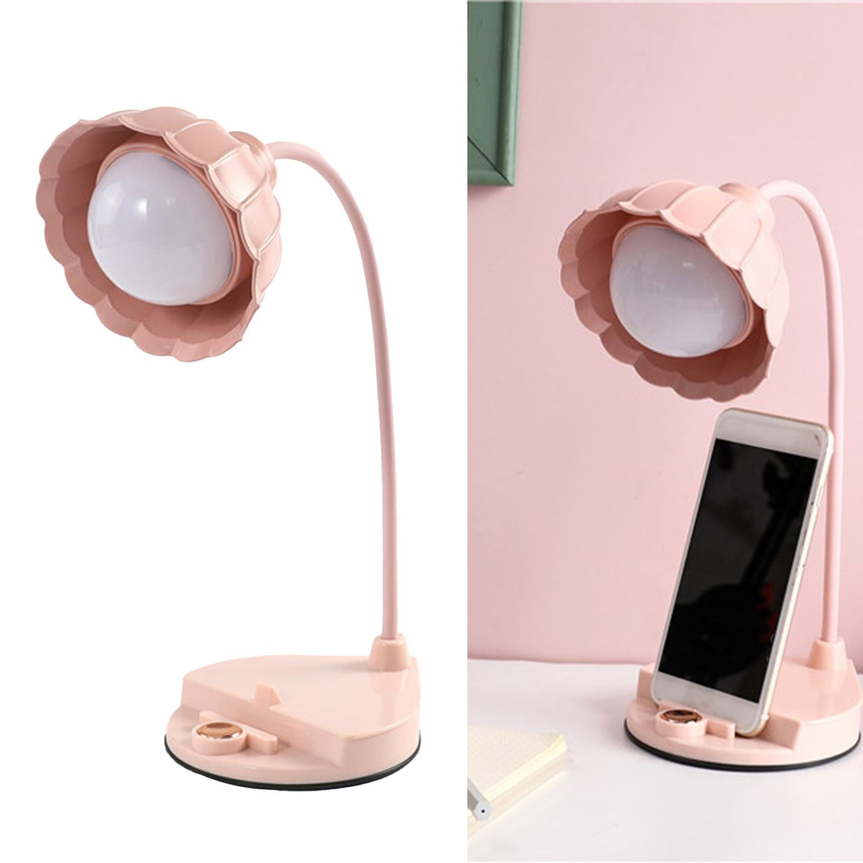 LED Reading Light Plastic Flower Shaped Touch Sensitive USB Charging Folding Table Lamp for Bedroom Dormitory Pink