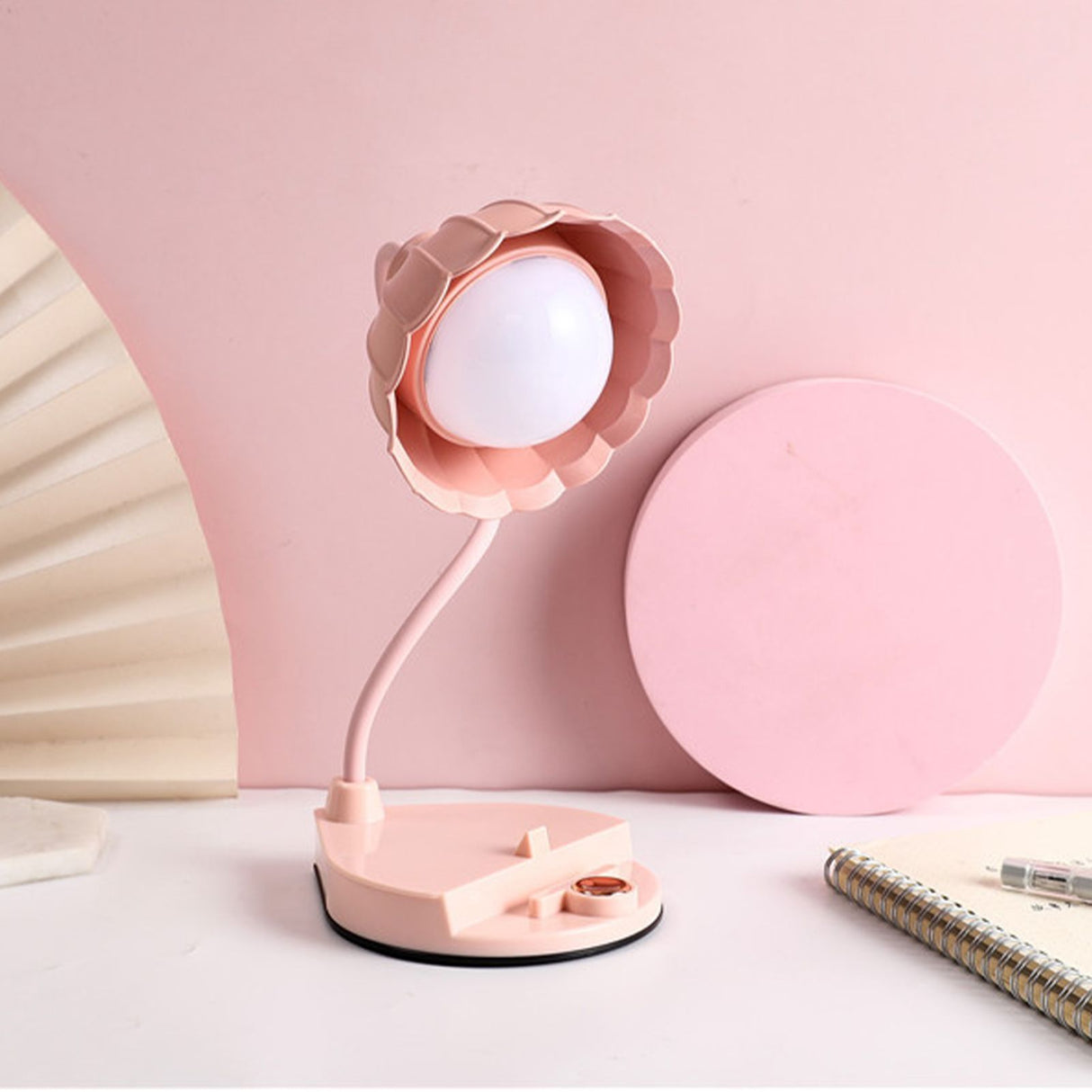 LED Reading Light Plastic Flower Shaped Touch Sensitive USB Charging Folding Table Lamp for Bedroom Dormitory Pink