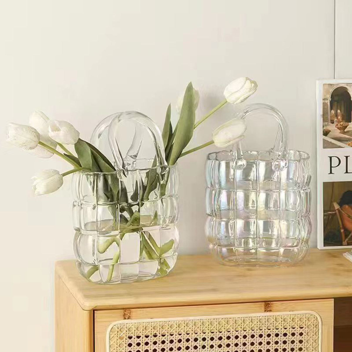 Glass Vase Transparent Hand Basket Living Room Flower Arrangement Creative Bag Fish Tank