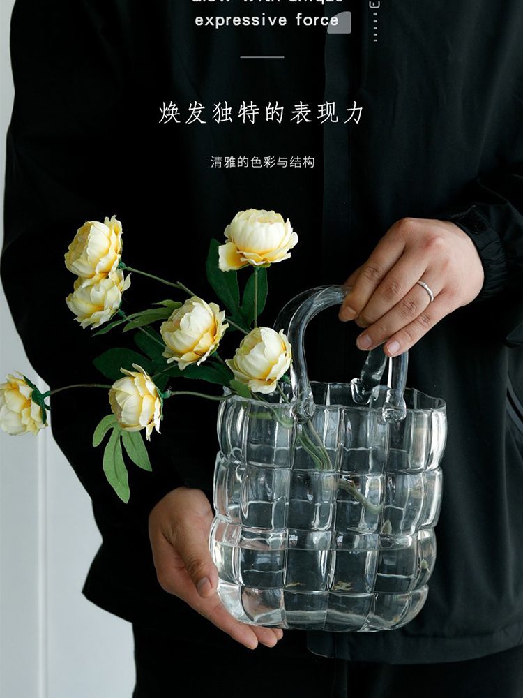 Glass Vase Transparent Hand Basket Living Room Flower Arrangement Creative Bag Fish Tank