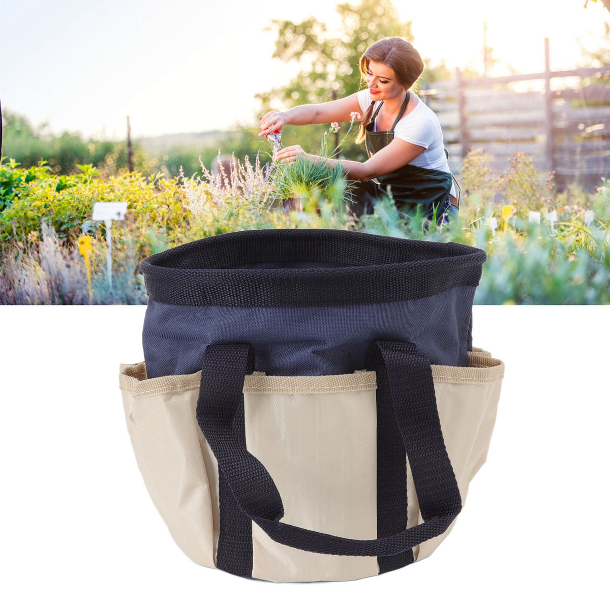 Round Garden Tools Bag 6 Pockets Oxford Cloth Gardening Tool Storage Tote for Men Women Gardener Dark Blue with Cream Color