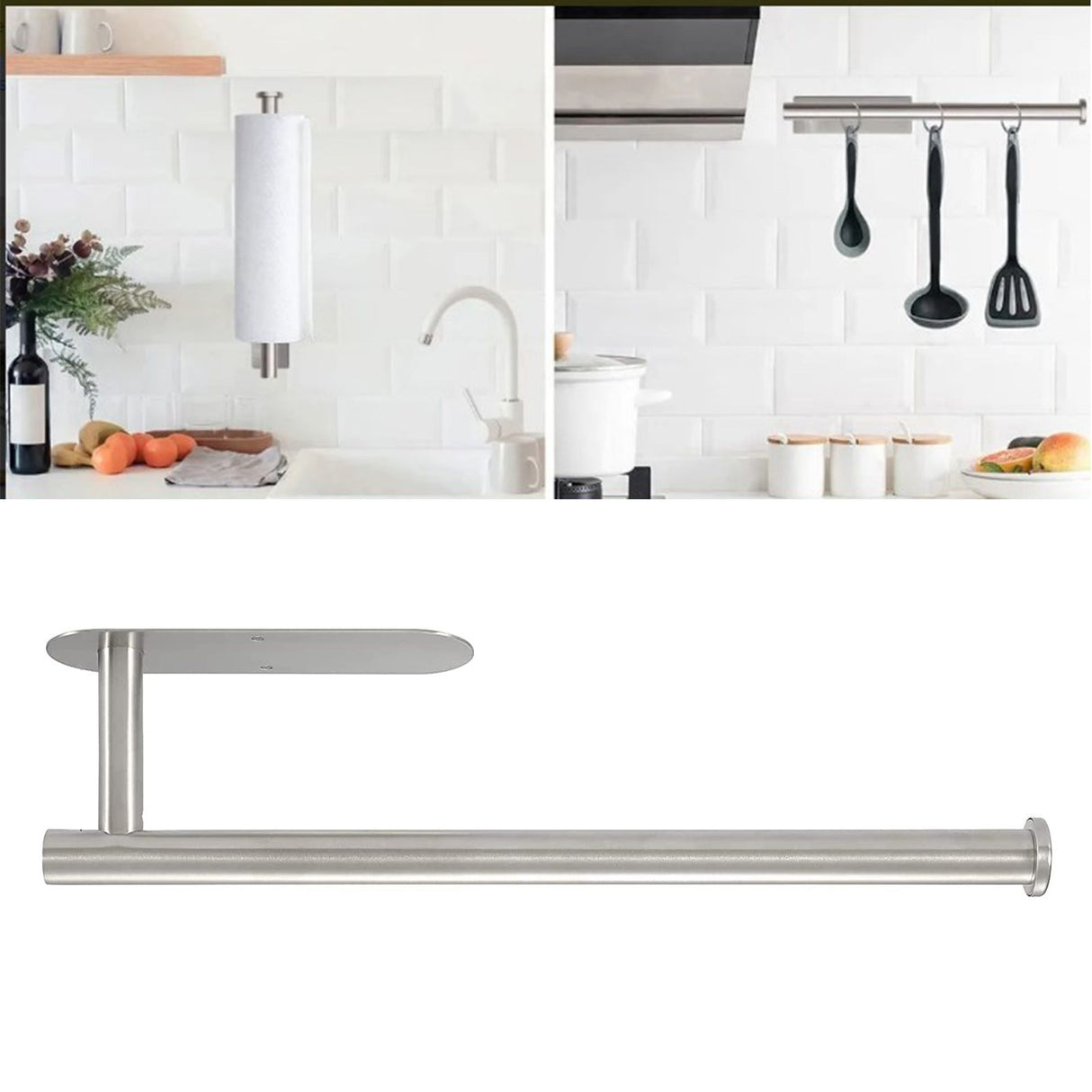Paper Towel Holder 304 Stainless Steel Space Saving Decorative Practical Waterproof Hanging Paper Towels Rolls Holder for Home Quadrate Bottom Long Silvery
