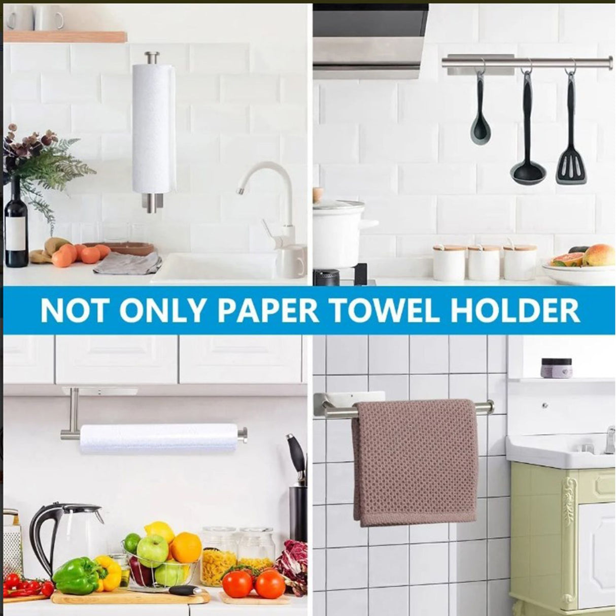 Paper Towel Holder 304 Stainless Steel Space Saving Decorative Practical Waterproof Hanging Paper Towels Rolls Holder for Home Quadrate Bottom Long Silvery