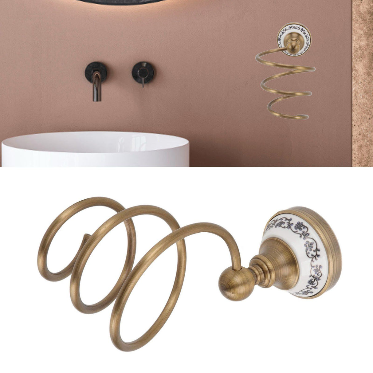 Brass Hair Dryer Holder Antique Retro Hairdryer Hanging Rack for Bath Storage Accessories