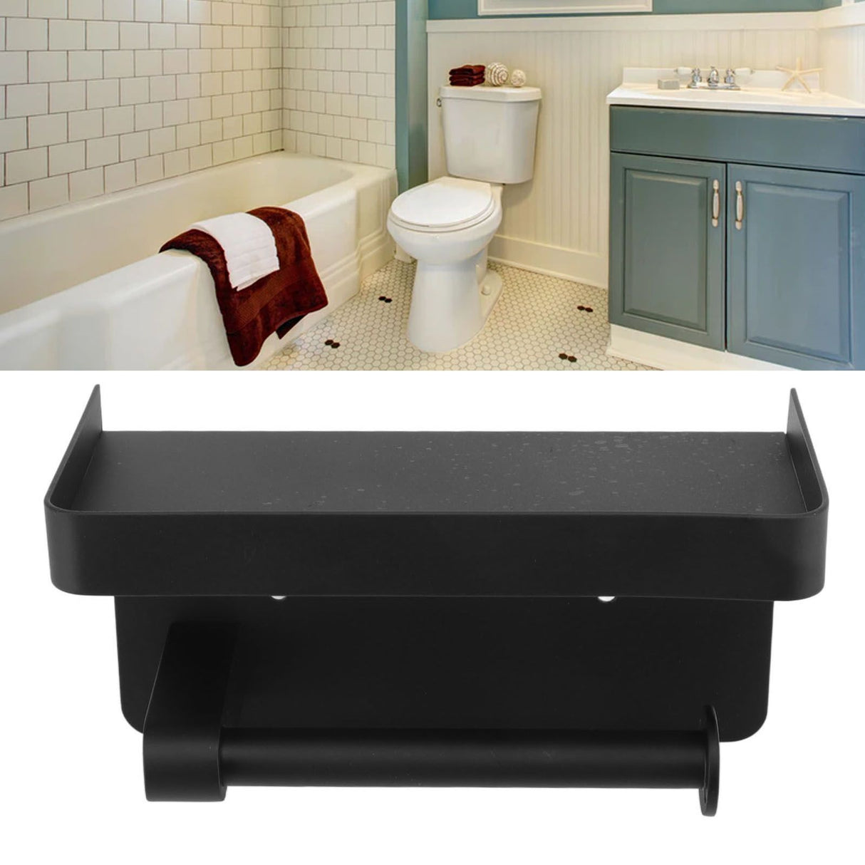 Toilet Paper Holder with Shelf Stainless Steel Minimalist Style Wall Mounted Waterproof Toilet Paper Roll Holder for Bathroom K9 Hem Black
