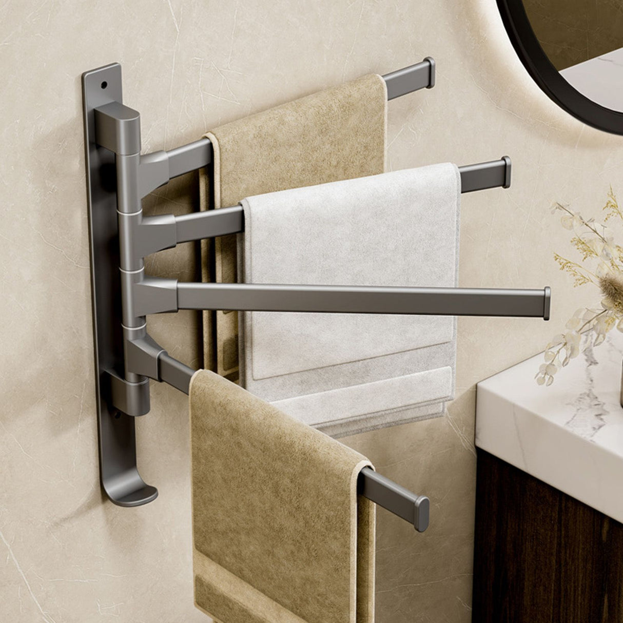 Swivel Towel Rack 4 Arms Thickened Space Aluminum 180 Degrees Rotating Bathroom Towel Holder for Home Hotel