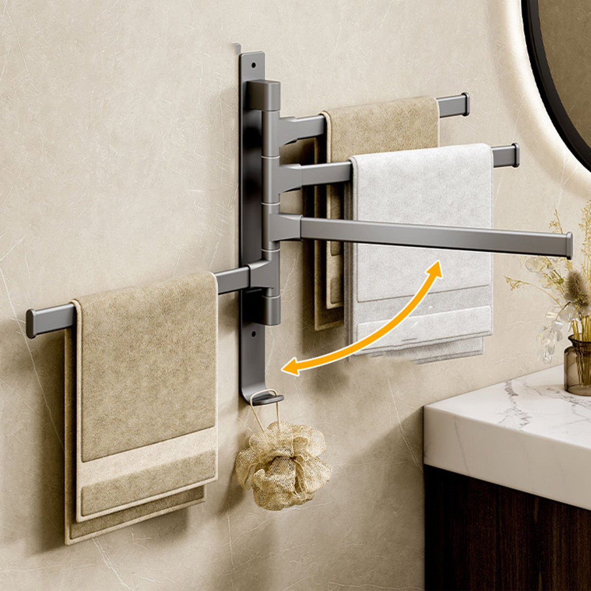 Swivel Towel Rack 4 Arms Thickened Space Aluminum 180 Degrees Rotating Bathroom Towel Holder for Home Hotel