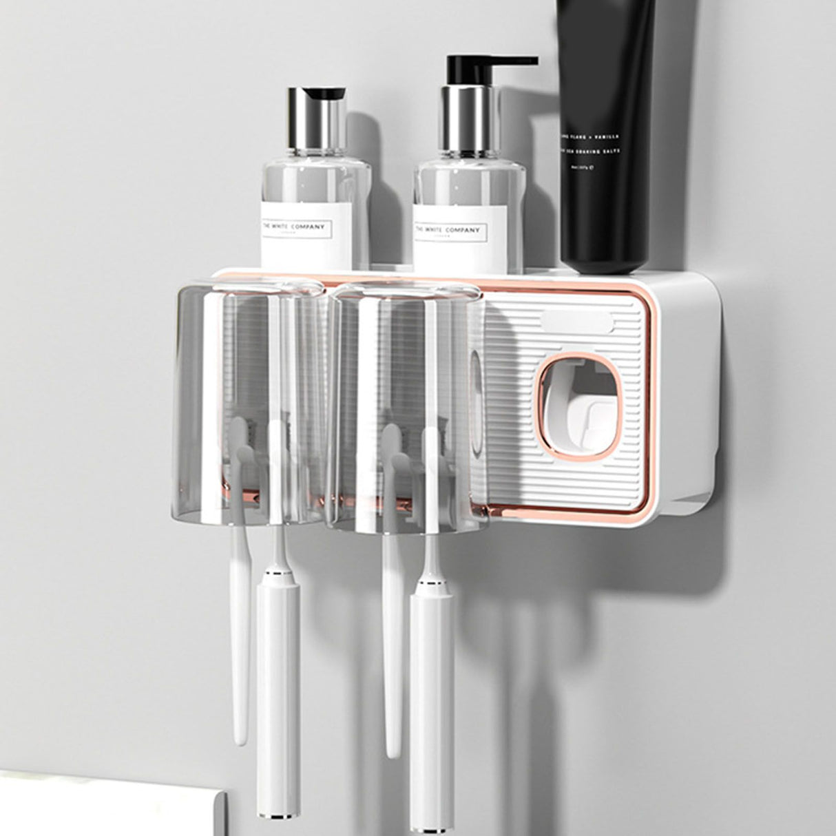Toothbrush Shelf Drilling Free Toothbrush Holder Rack with Automatic Toothpaste Dispenser White