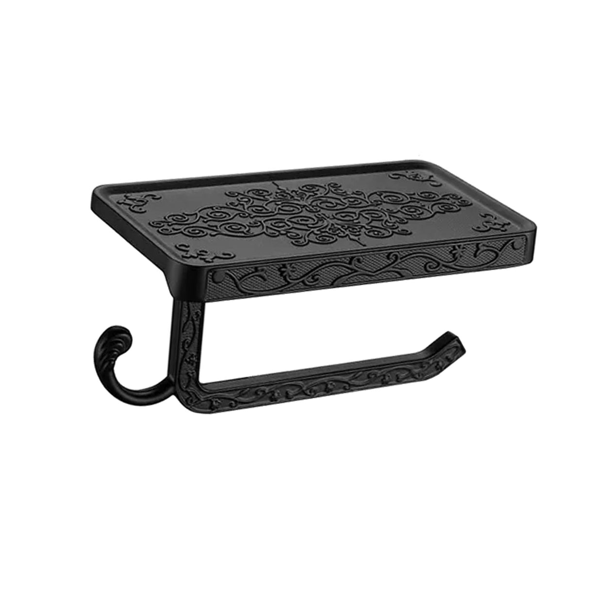 Black Paper Roll Rack with Phone Storage Shelf Aluminum Vintage Toilet Paper Towel Holder for Bathroom Black