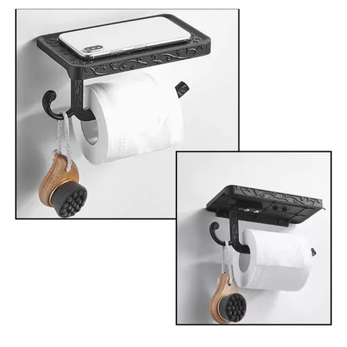 Black Paper Roll Rack with Phone Storage Shelf Aluminum Vintage Toilet Paper Towel Holder for Bathroom Black