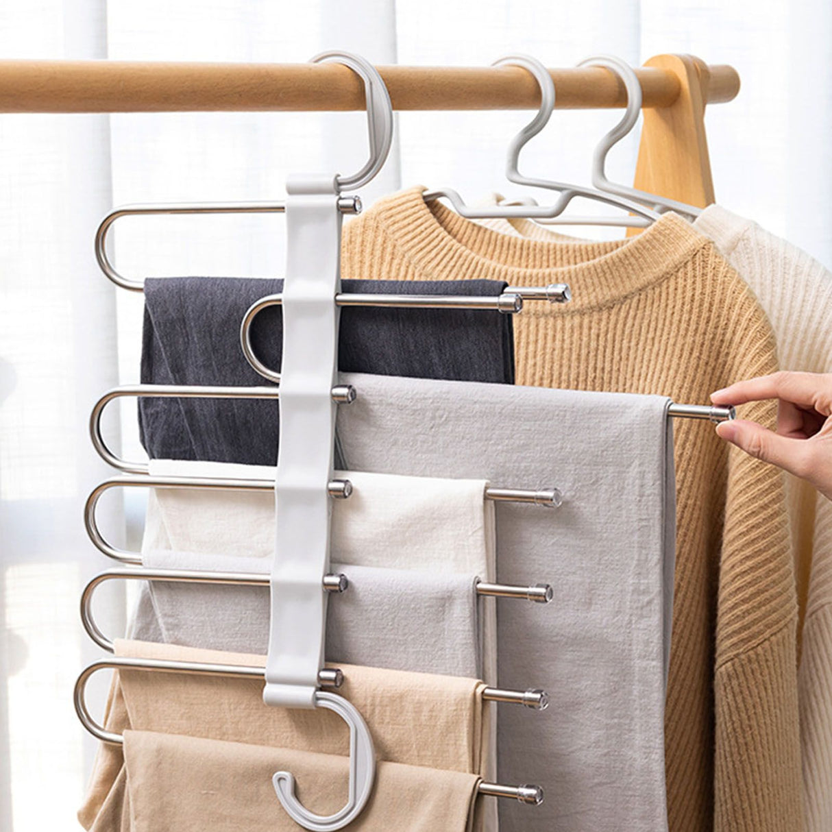 White Foldable Pants Rack Hanger Multifunctional Multi Layer Pants Folding Trouser Hanging Rack