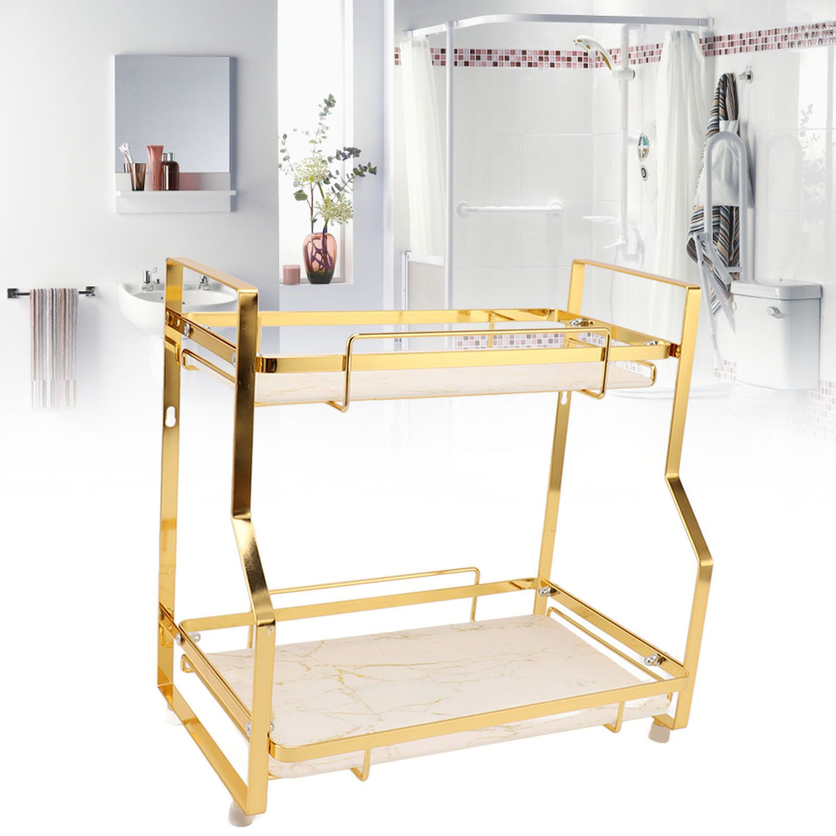 Bathroom Storage Shelf Wall Mounted Corner Organizer Standing Rack for Living Room Bedroom Kitchen White and Gold 2 Tier