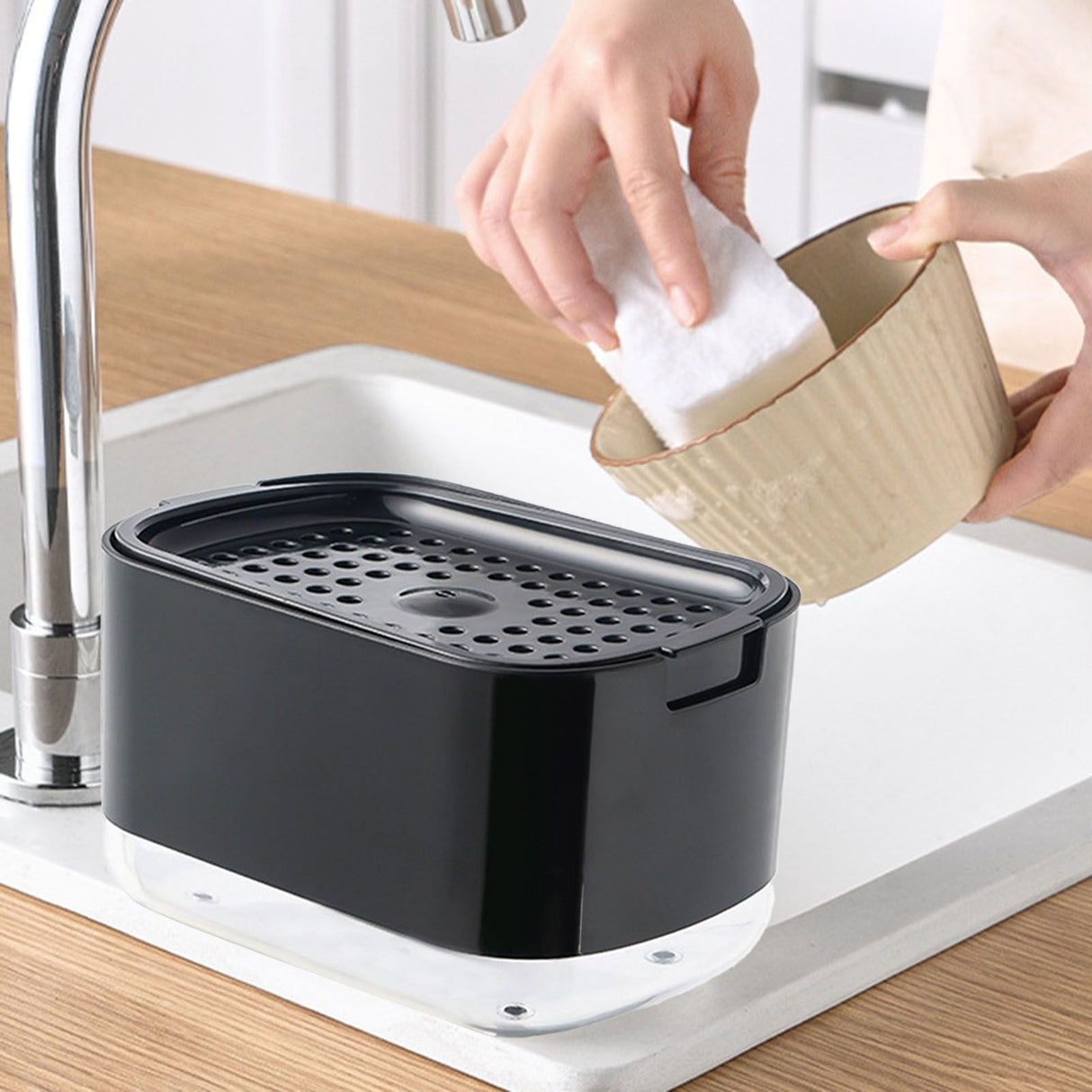 Soap Dispenser with Sponge Holder PP PET Press Type Soap Box for Cloth Dish Kitchen Cleaning Black