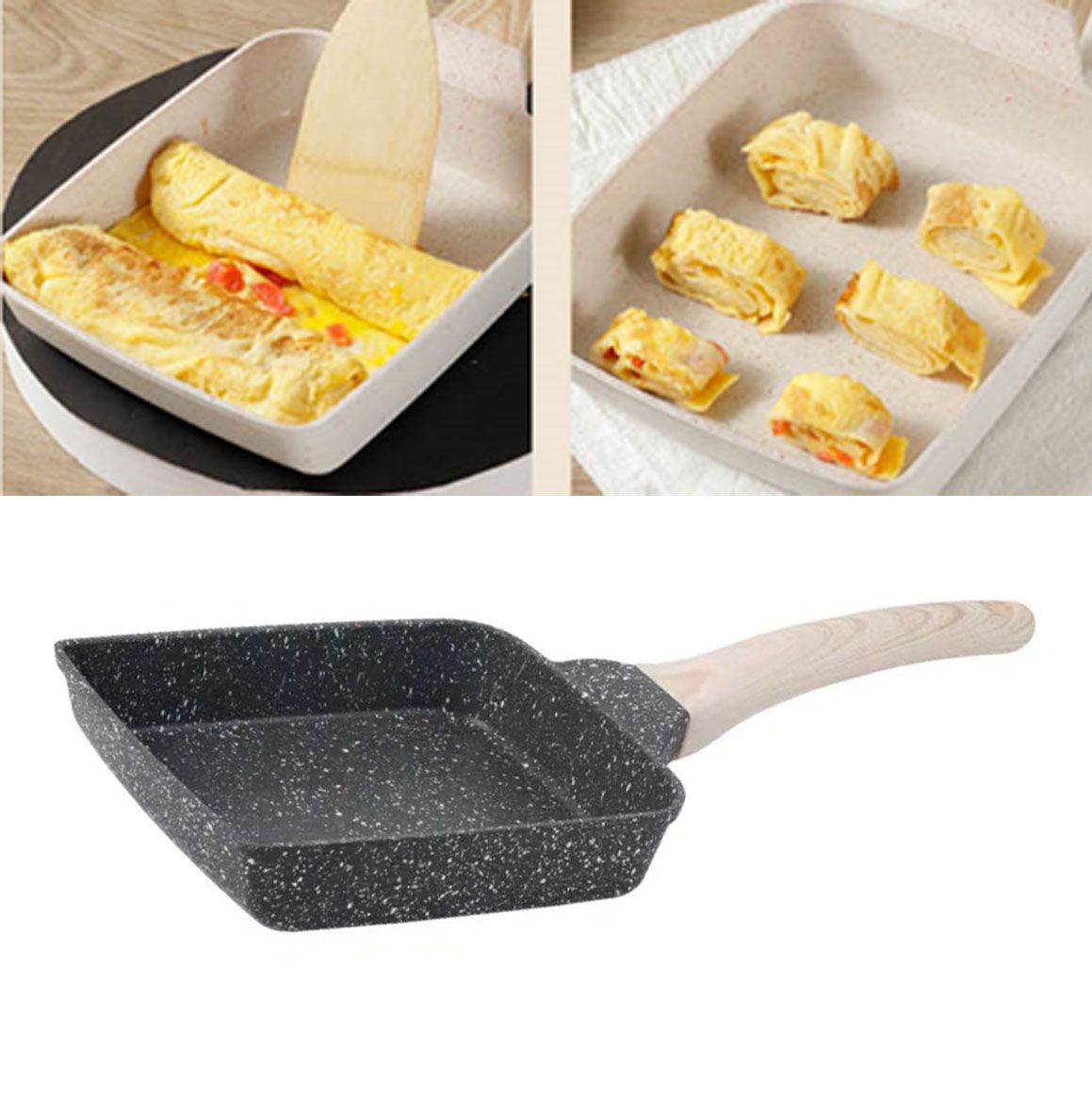 Frying Pan Aluminium Fast Conduction 3 Layers Thickened Wooden Handle Cooking Skillet for Family Kitchen