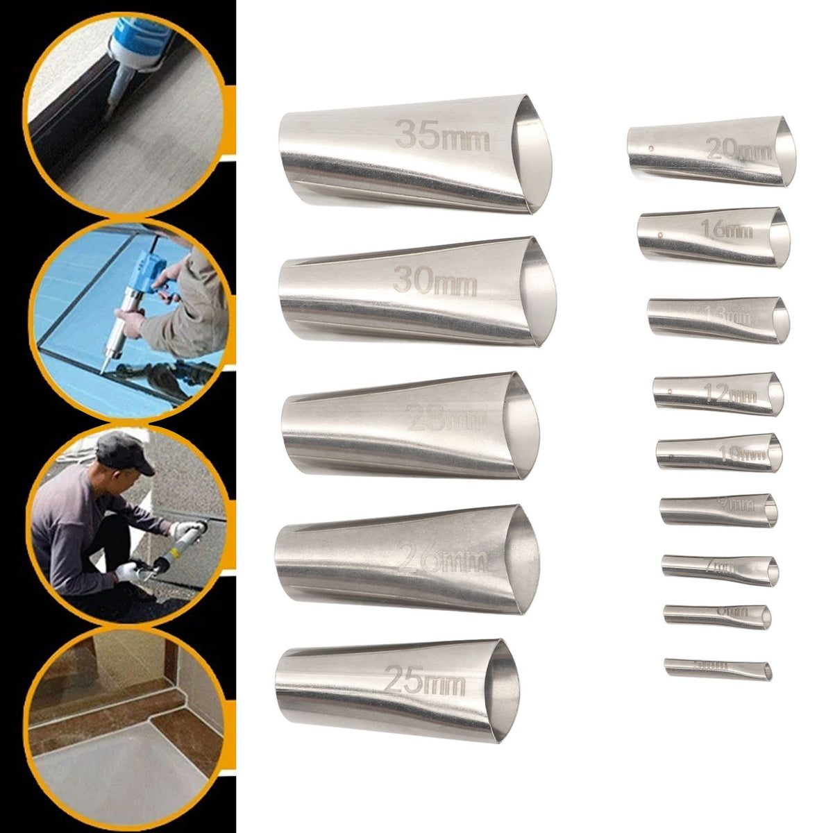 14pcs Caulking Nozzle Applicator 45 Degree Professional Stainless Steel Caulking Finisher Kit for Bathrooms Kitchens