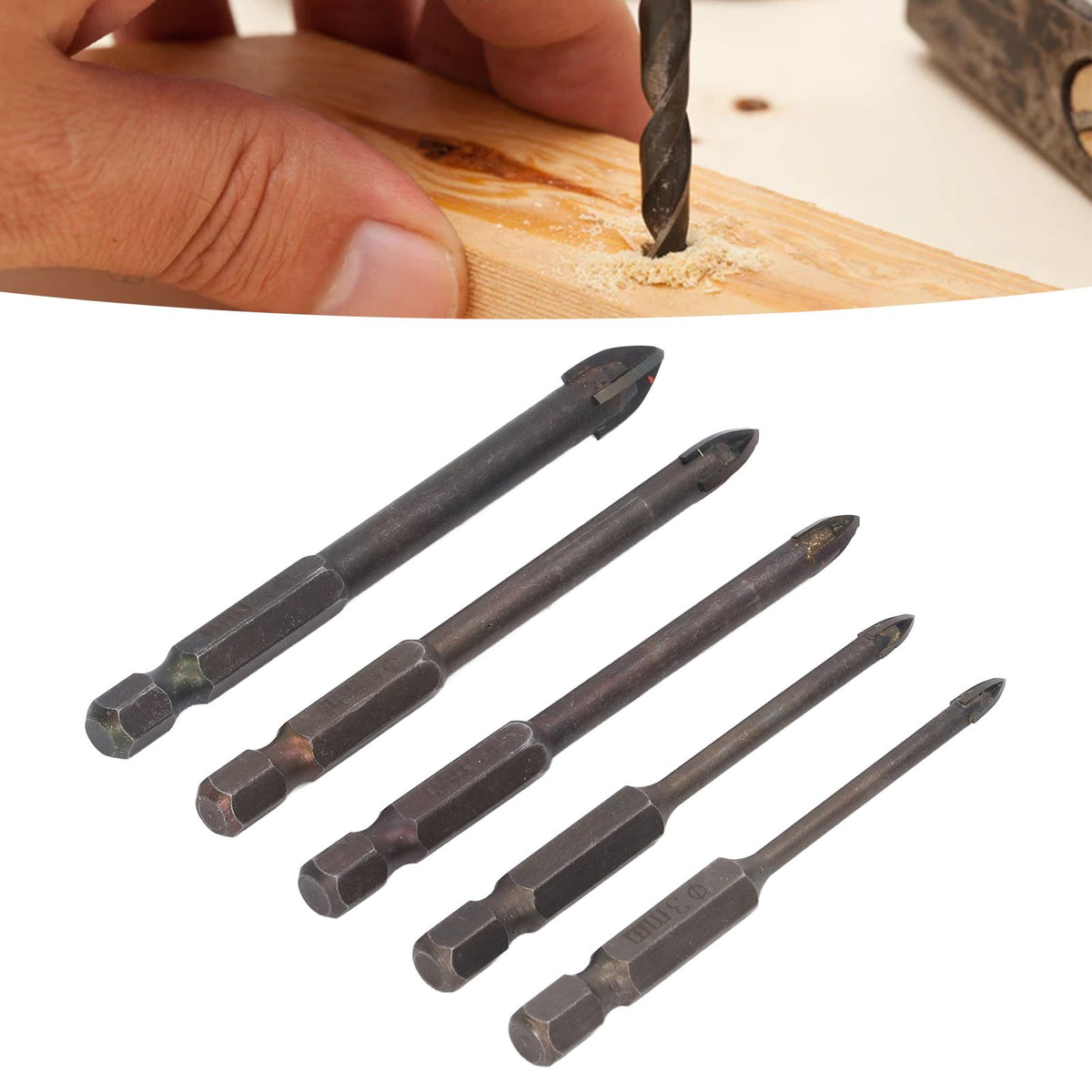 Drill Bit Set Unique Cross Design Cemented Carbide Hex Power Bits for Glass Ceramic Glass Tile Full Tile Brick Wall Wood 5 Piece Set